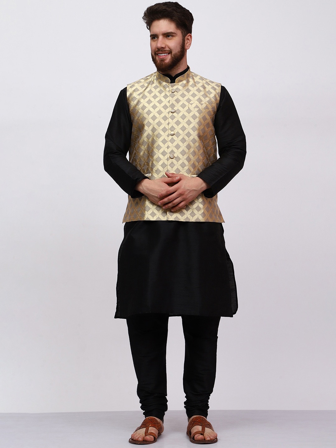 

MAG Mandarin Collar Regular Dupion Silk Kurta with Churidar & Nehru jacket, Black