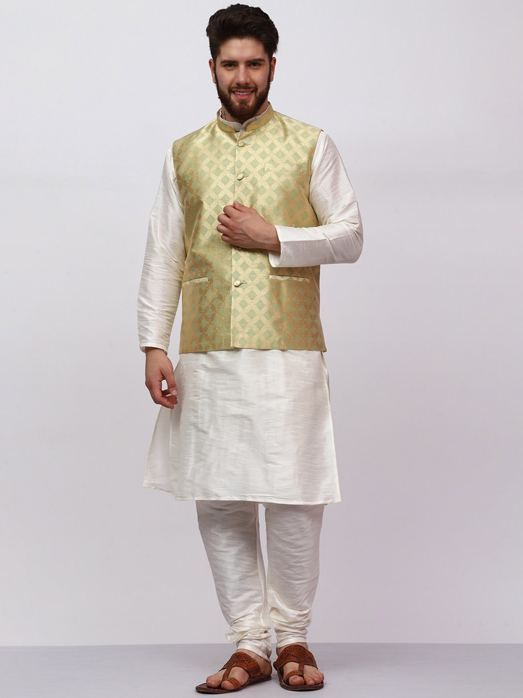 

MAG Regular Dupion Silk Kurta & Churidar With Waistcoat, Cream