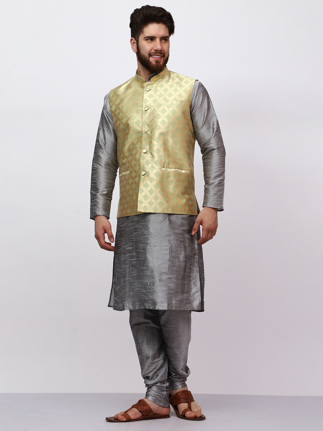 

MAG Mandarin Collar Jacquard Dupion Silk Kurta With Churidar, Silver
