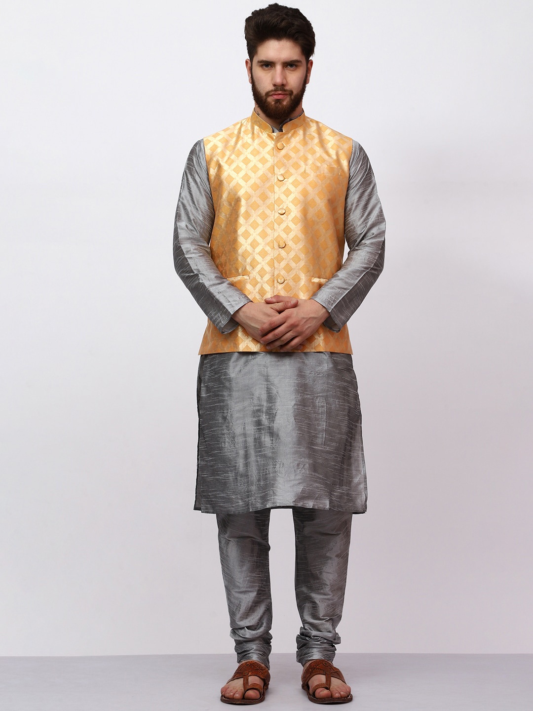 

MAG Regular Kurta With Churidar & Nehru Jacket, Silver