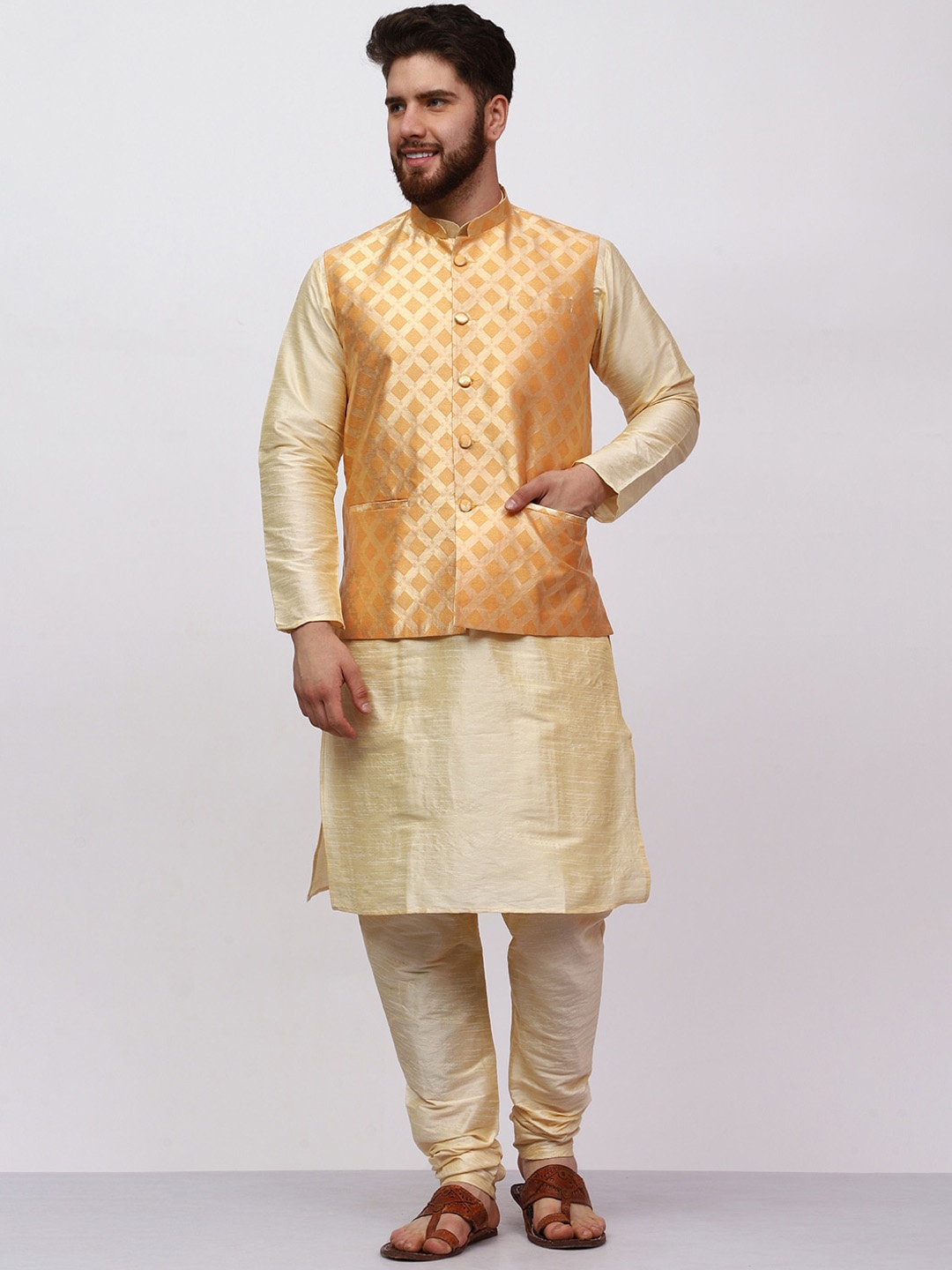 

MAG Mandarin Collar Regular Dupion Silk Kurta with Churidar & Woven Design Nehru Jacket, Gold