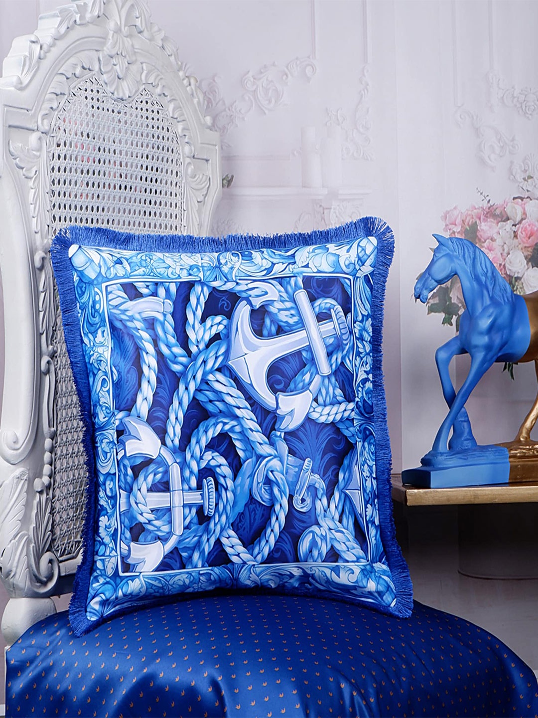 

THE WHITE INK DECOR Indigo Story Blue & White Abstract Satin Square Cushion Covers