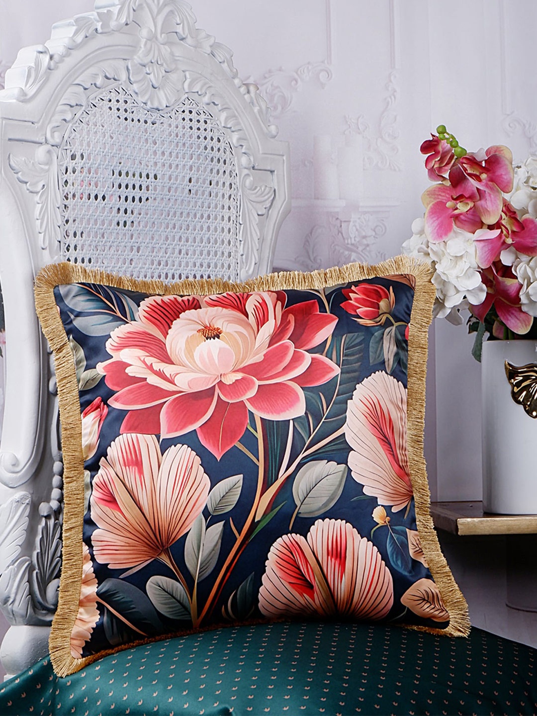 

THE WHITE INK DECOR Eden Grey & Red Floral Satin Square Cushion Covers