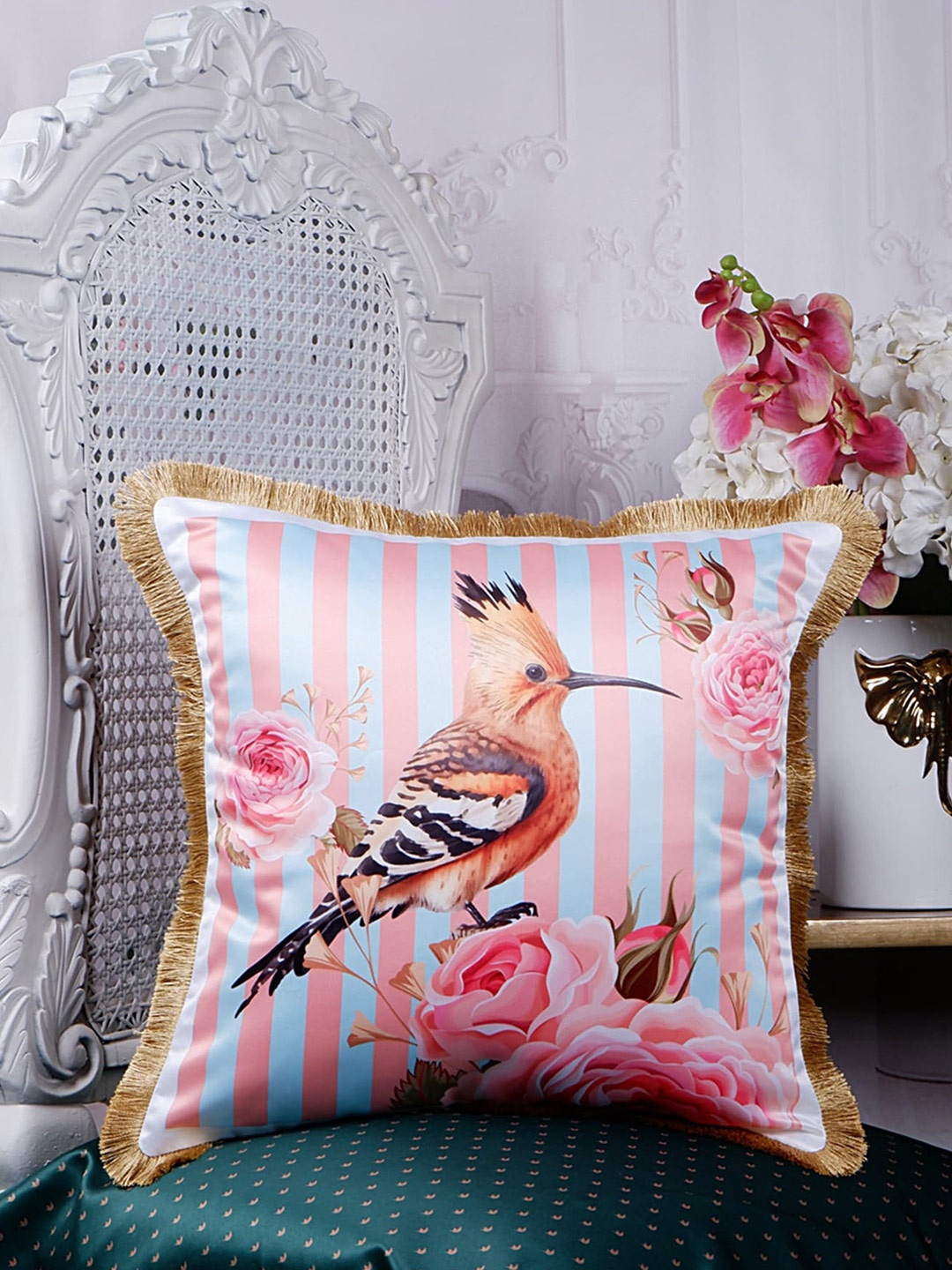 

THE WHITE INK DECOR Tropical Elegance Pink Ethnic Motifs Satin Square Cushion Covers