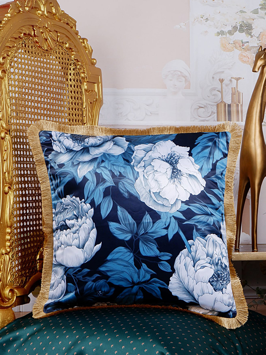 

THE WHITE INK DECOR Eden Blue & Mustard Floral Satin Square Cushion Covers