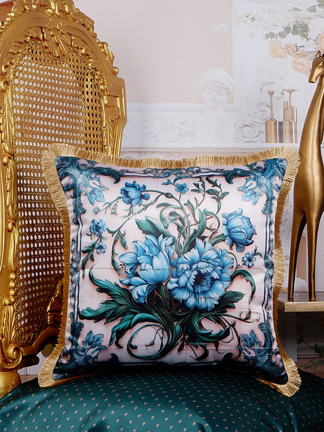 

THE WHITE INK DECOR Royale Pink & Blue Floral Satin Square Cushion Covers