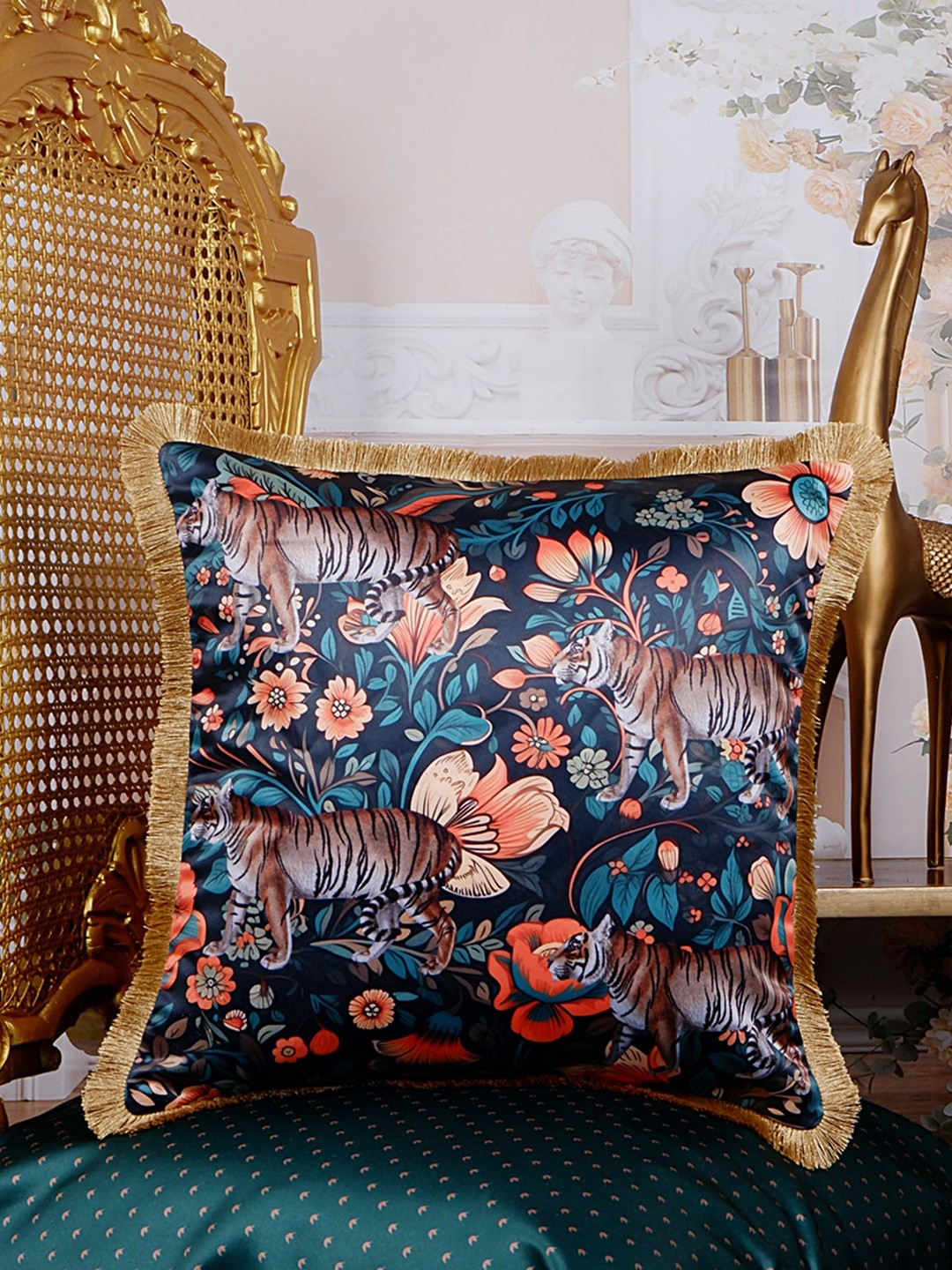 

THE WHITE INK DECOR Eden Blue & Orange Floral Satin Square Cushion Covers