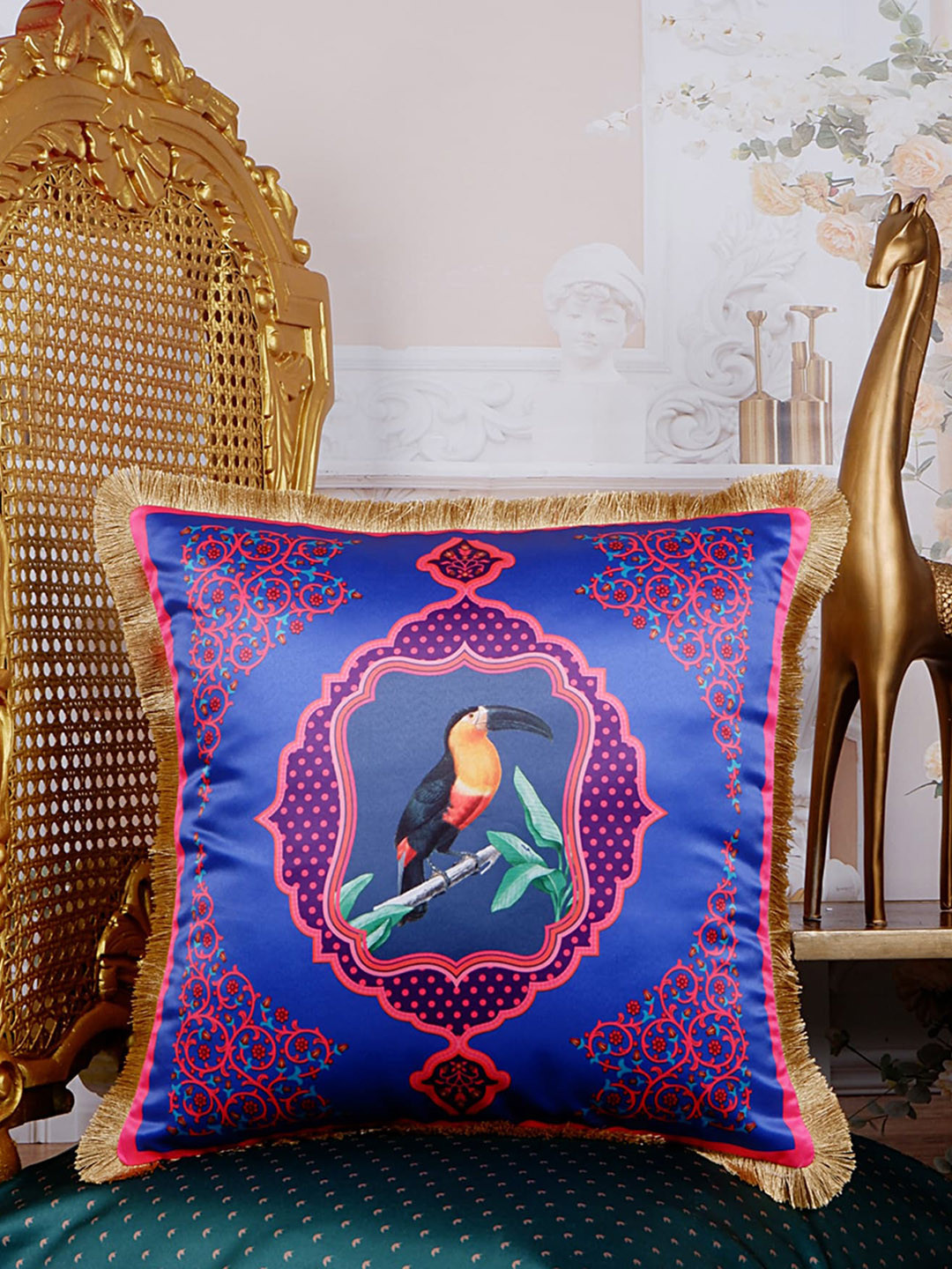 

THE WHITE INK DECOR Royale Blue & Pink Ethnic Motifs Satin Square Cushion Covers
