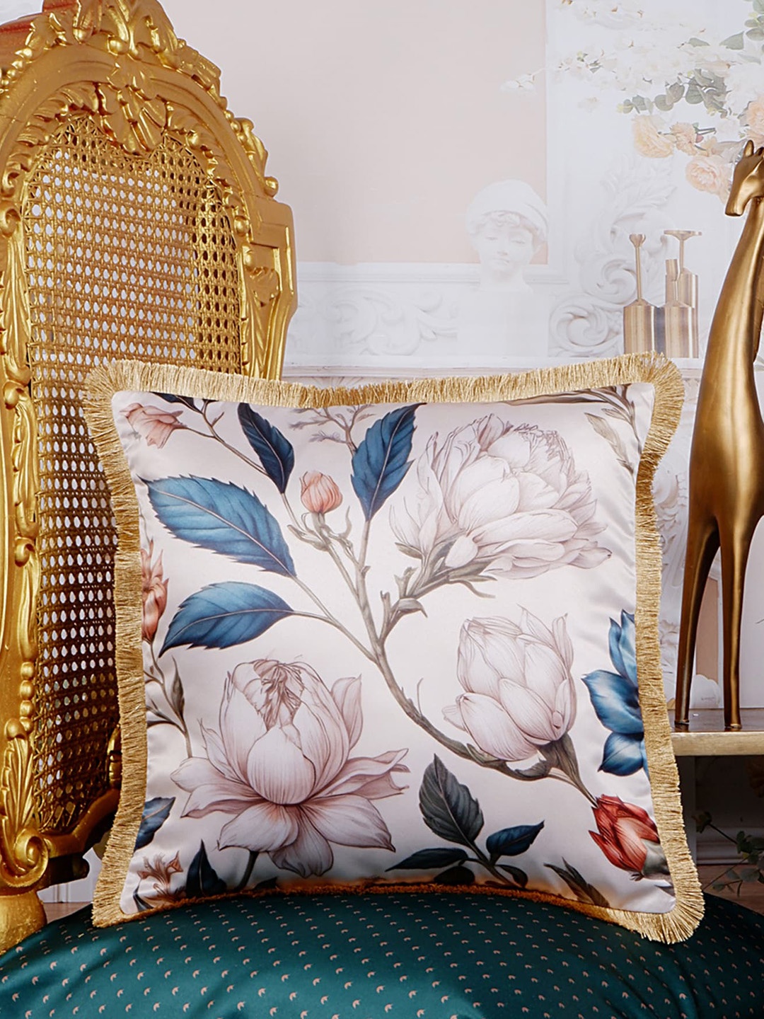 THE WHITE INK DECOR Eden White & Blue Floral Satin Square Cushion Covers