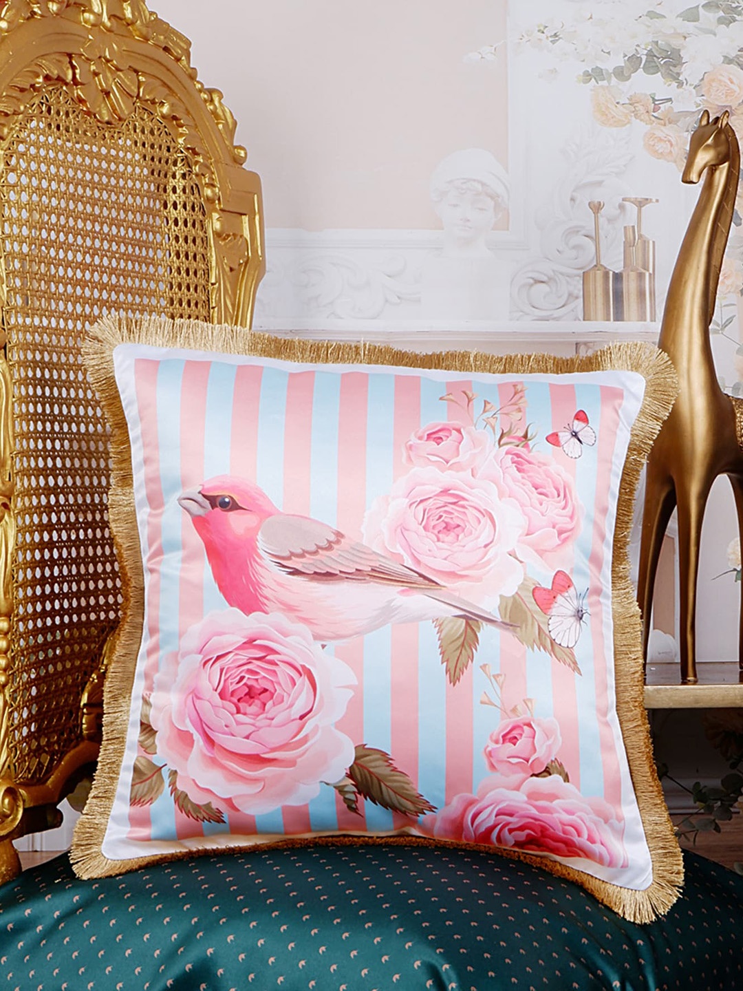 

THE WHITE INK DECOR Tropical Elegance Blue & Pink Floral Satin Square Cushion Covers