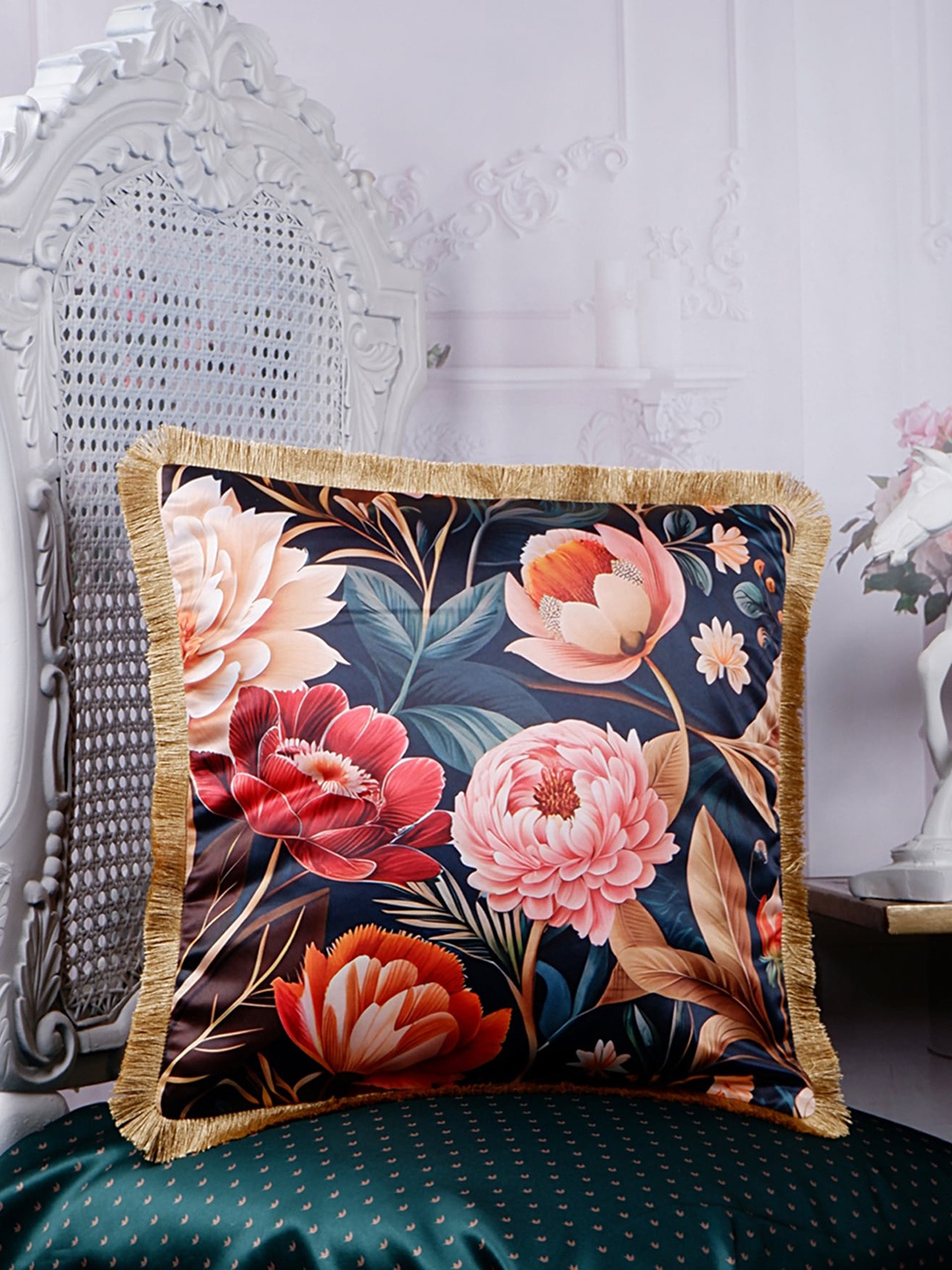 

THE WHITE INK DECOR Eden Navy Blue & Pink Floral Satin Square Cushion Covers