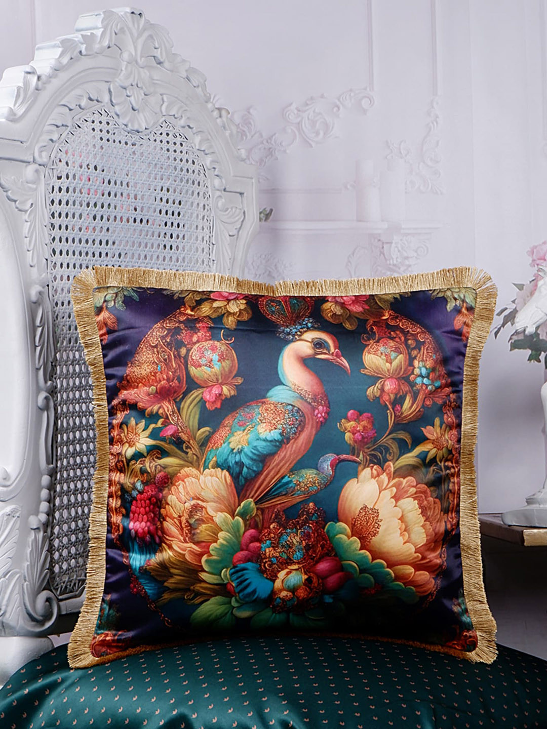 

THE WHITE INK DECOR Tropical Elegance Blue Ethnic Motifs Satin Square Cushion Covers