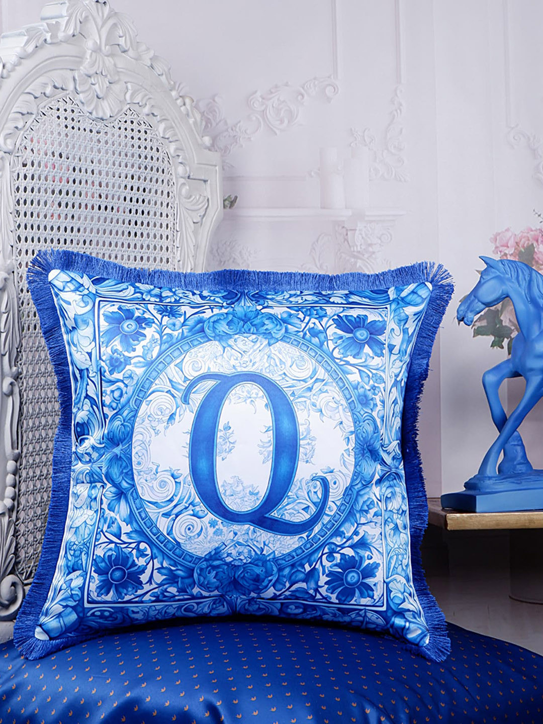 

THE WHITE INK DECOR Indigo Story Blue & White Ethnic Motifs Satin Square Cushion Covers