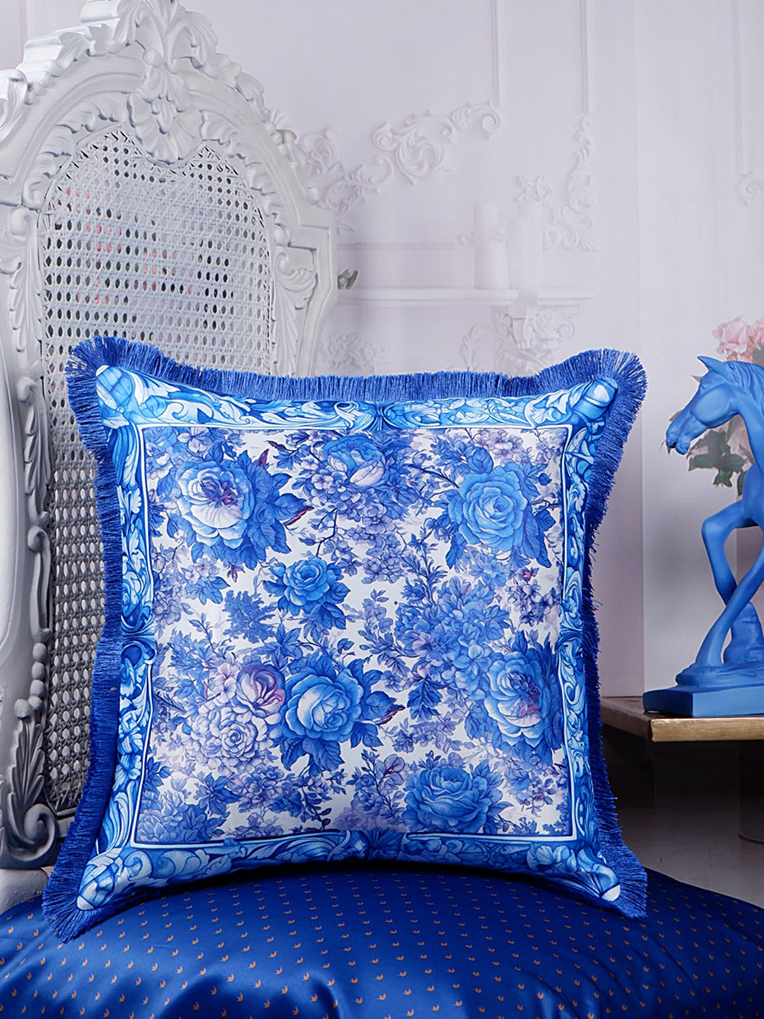 

THE WHITE INK DECOR Indigo Story Blue & White Floral Satin Square Cushion Covers