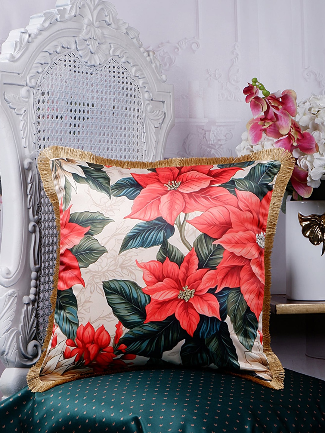 

THE WHITE INK DECOR Eden Teal Green & Red Floral Satin Square Cushion Covers