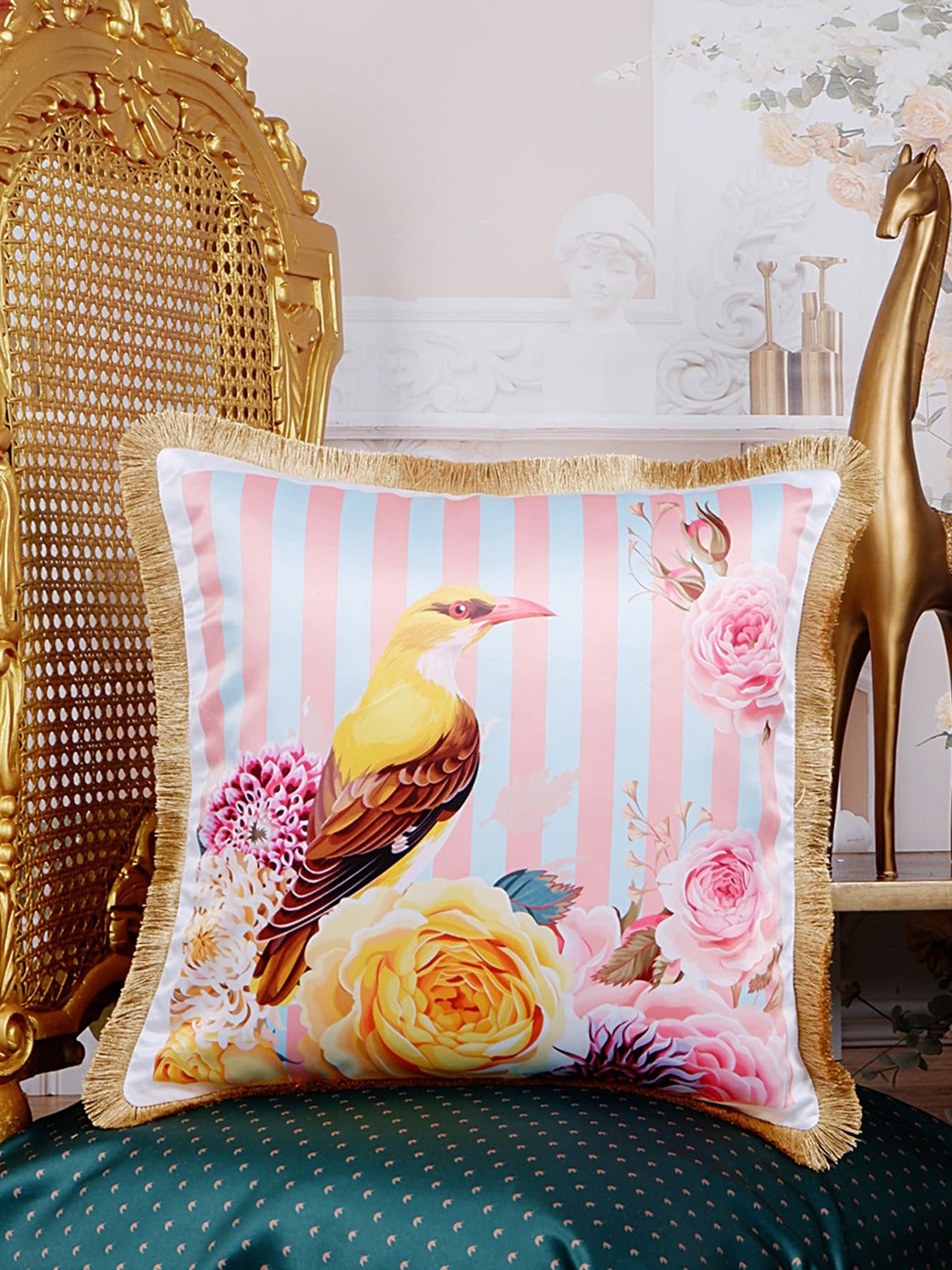 

THE WHITE INK DECOR Tropical Elegance Pink & Blue Floral Satin Square Cushion Covers