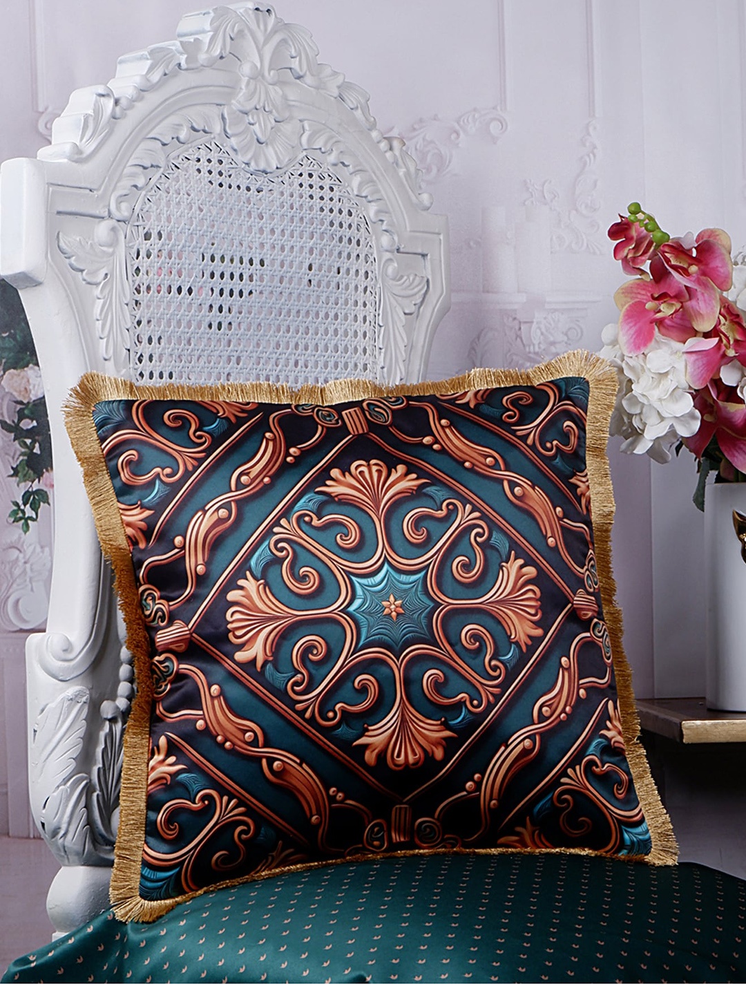 

THE WHITE INK DECOR Royale Teal Green & Brown Ethnic Motifs Satin Square Cushion Covers