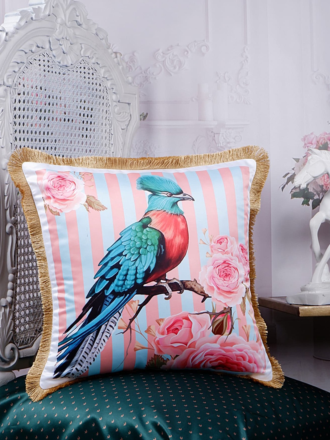 

THE WHITE INK DECOR Tropical Elegance Pink Ethnic Motifs Satin Square Cushion Covers