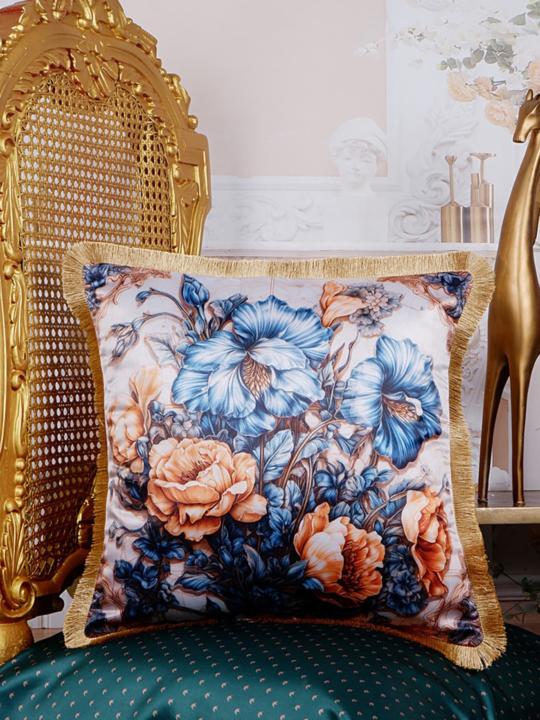 

THE WHITE INK DECOR Eden Blue & White Floral Satin Square Cushion Covers
