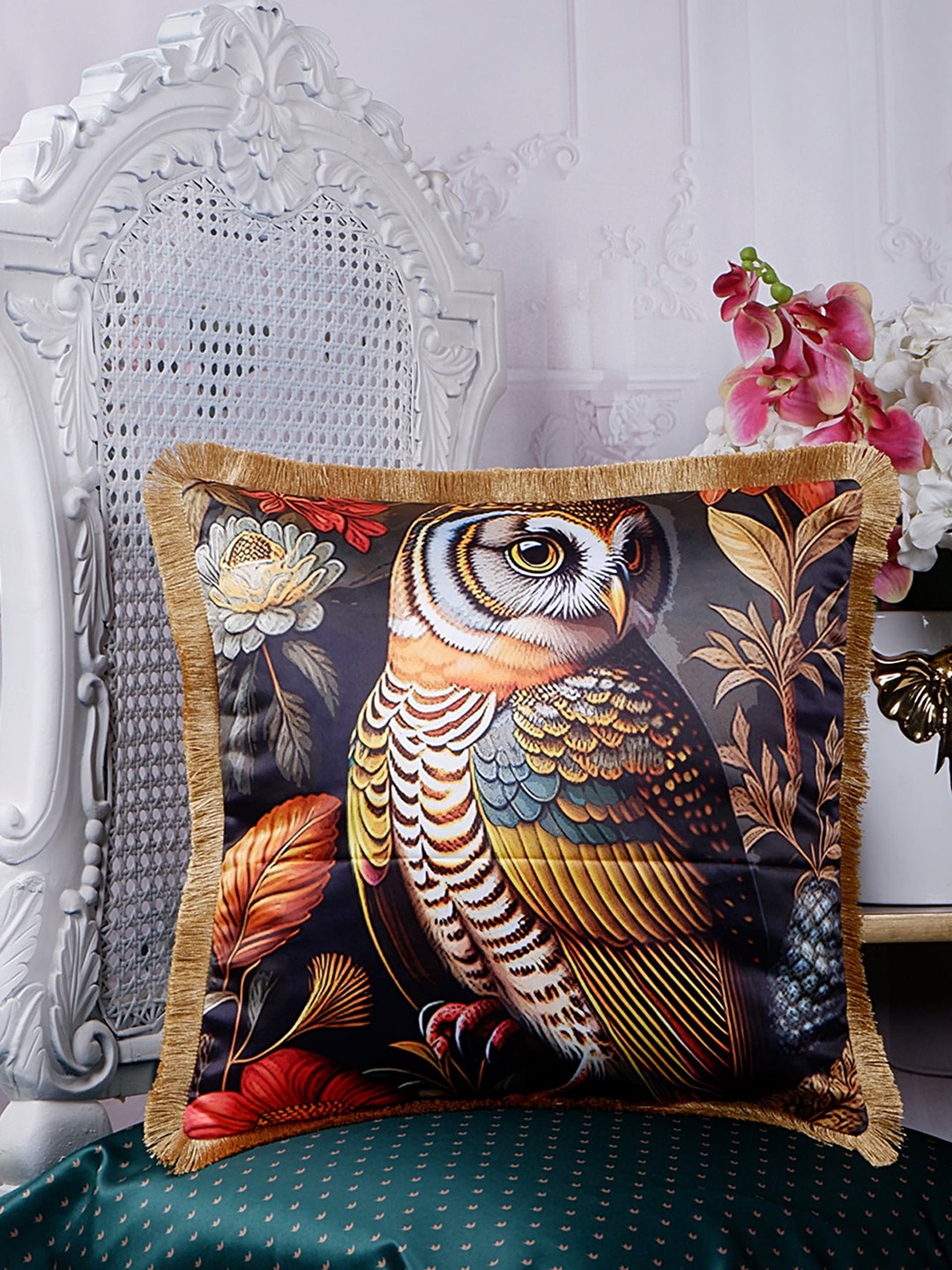 

THE WHITE INK DECOR Tropical Elegance Teal Green Ethnic Motifs Satin Square Cushion Covers