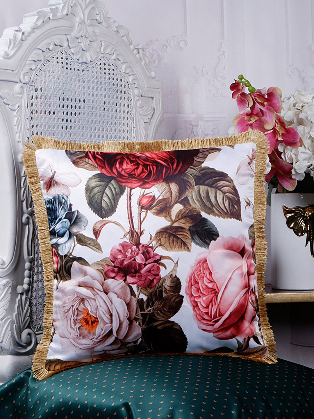 

THE WHITE INK DECOR Eden Green & Pink Floral Satin Square Cushion Covers