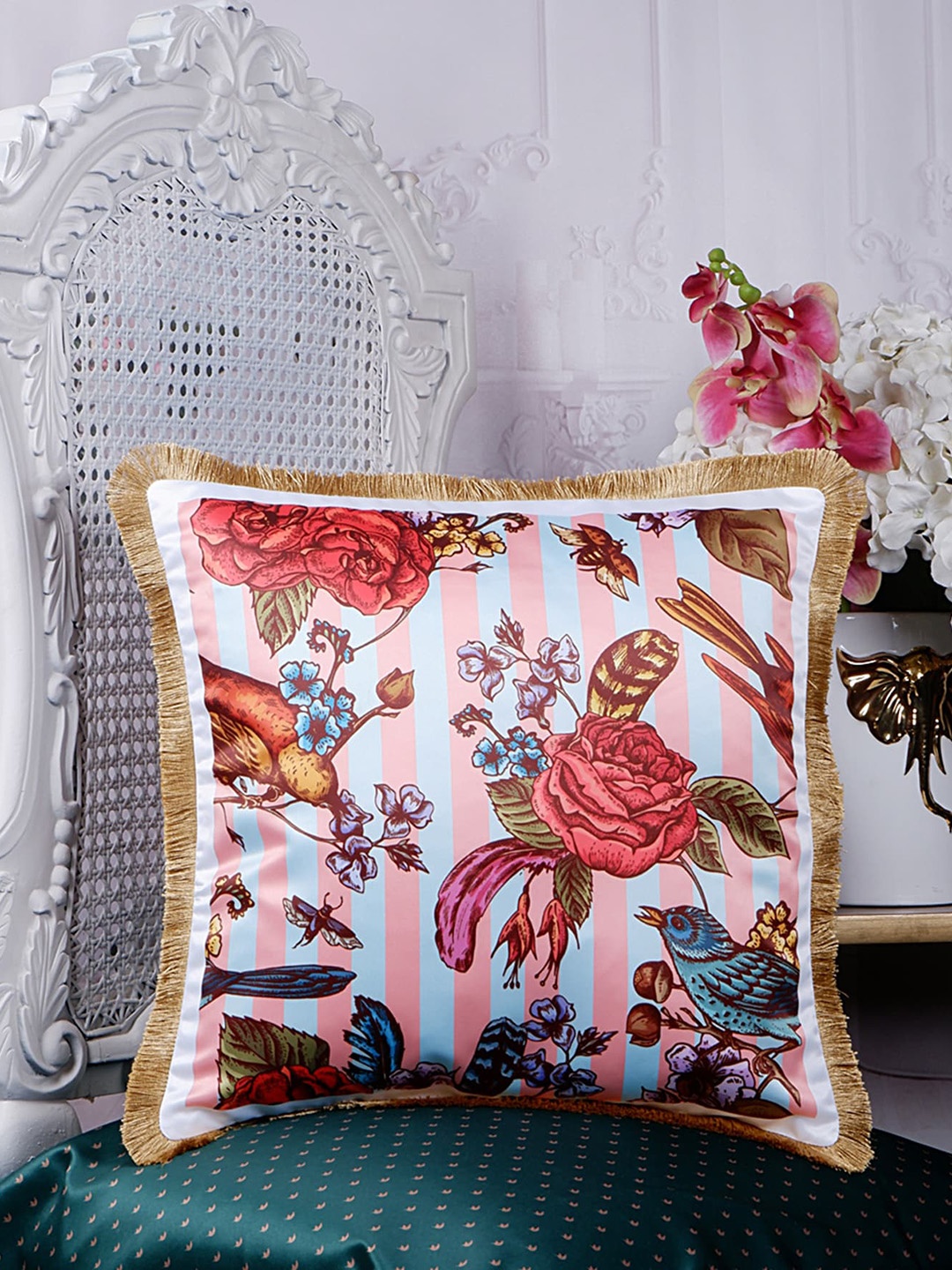 

THE WHITE INK DECOR Eden Pink & Blue Floral Satin Square Cushion Covers