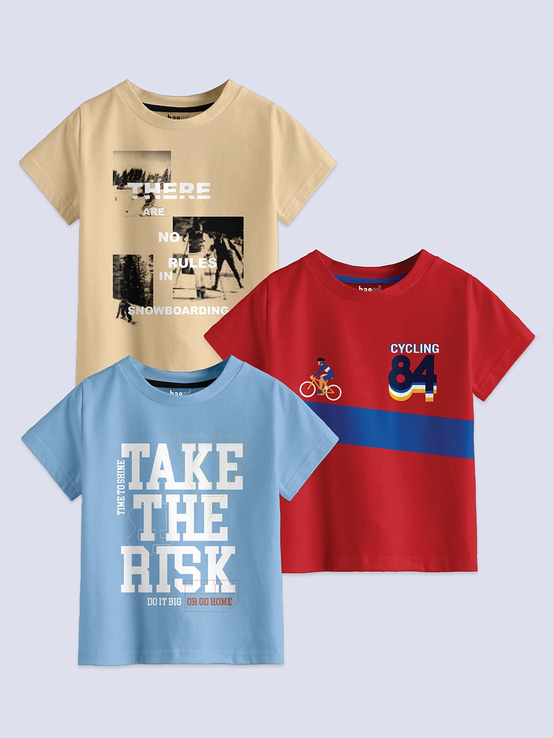 

BAESD Boys Pack Of 3 Typography Printed Round Neck Cotton Regular T-shirt, Beige
