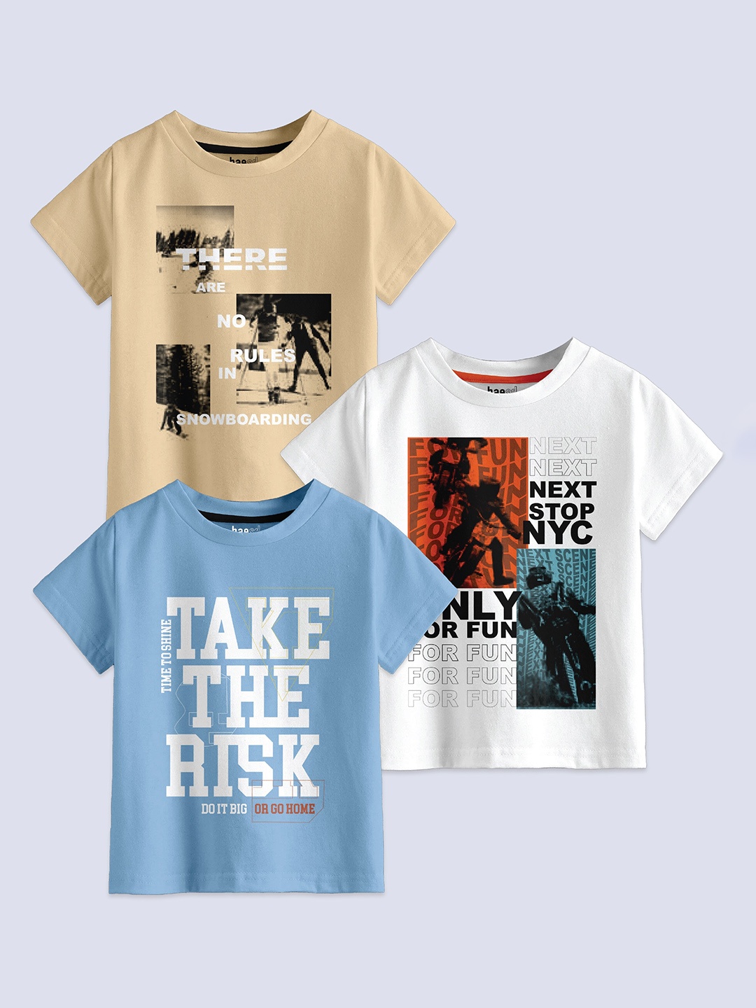 

BAESD Boys Pack Of 3 Typography Printed Round Neck Cotton Regular T-shirt, Beige