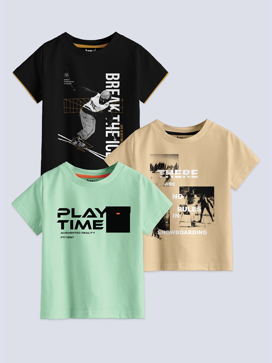 

BAESD Boys Pack Of 3 Typography Printed Pure Cotton T-shirt, Black