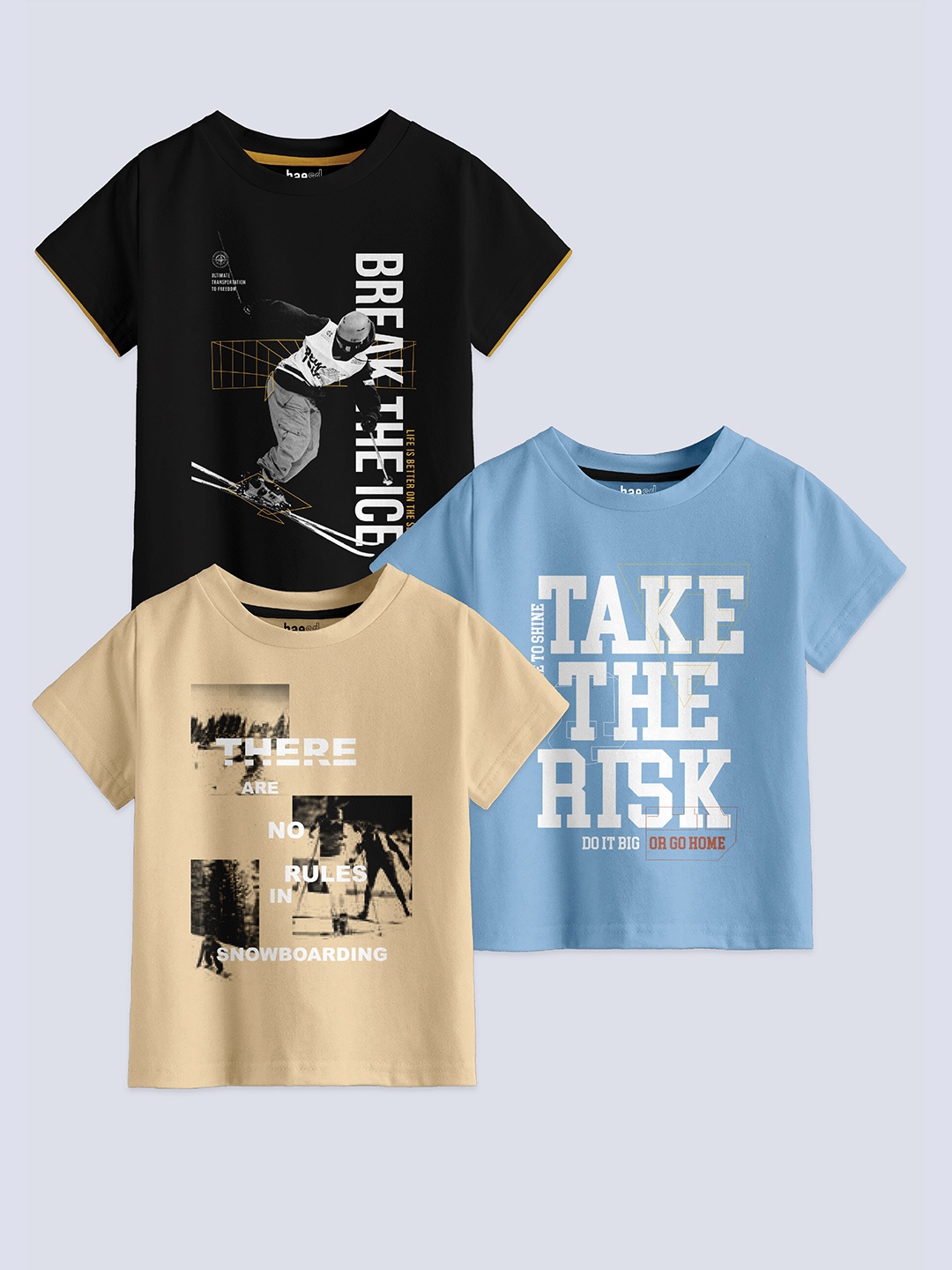 

BAESD Boys Pack Of 3 Typography Printed Round Neck Cotton Regular T-shirt, Black