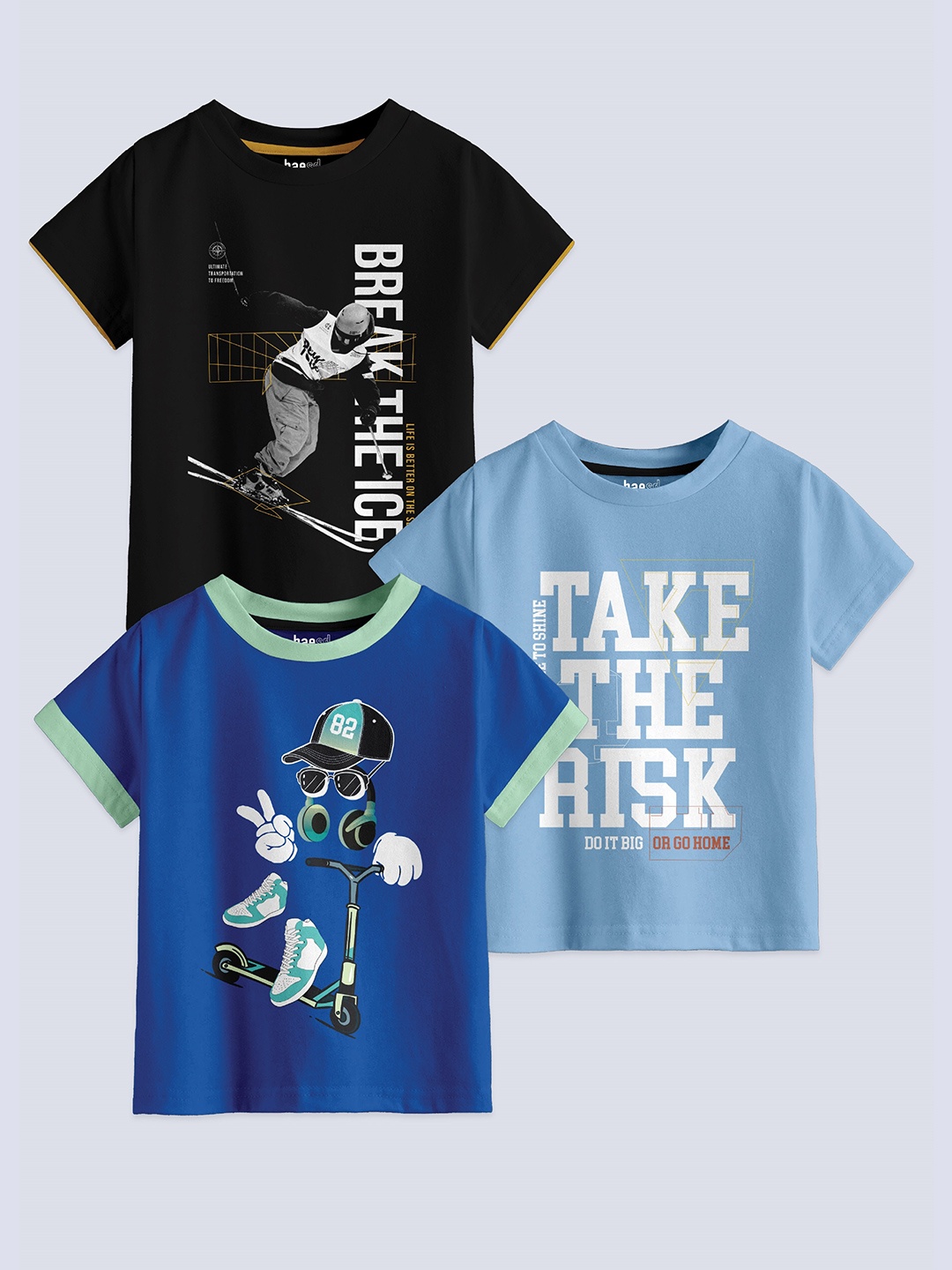

BAESD Boys Pack Of 3 Printed Round Neck Cotton Regular T-shirt, Black