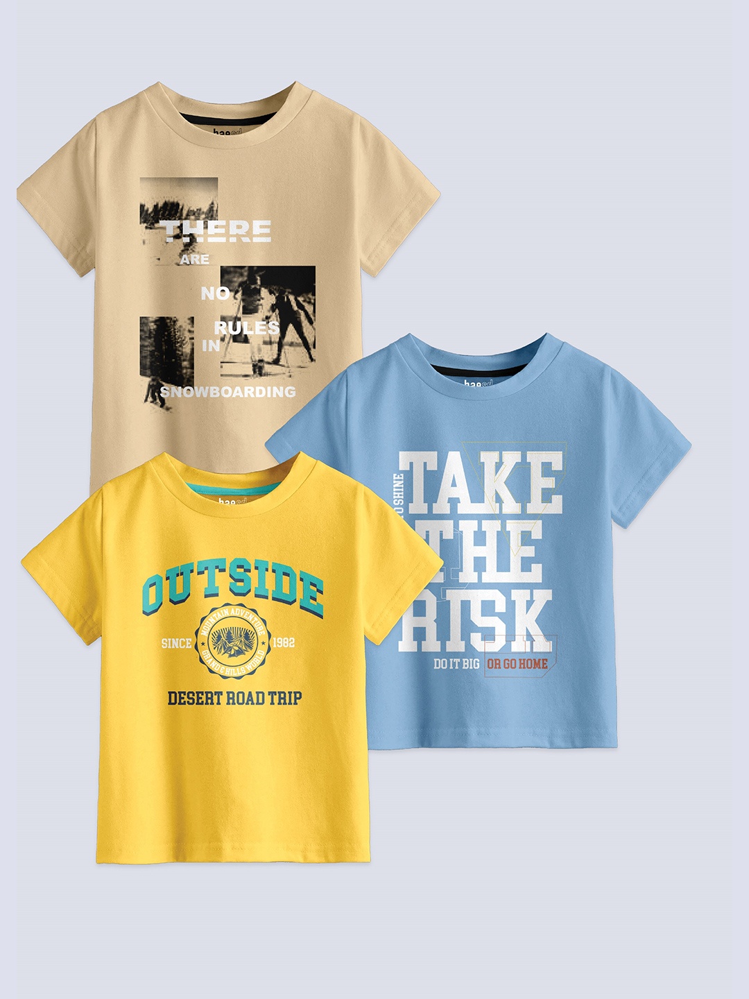 

BAESD Boys Pack Of 3 Typography Printed Round Neck Cotton Regular T-shirt, Beige