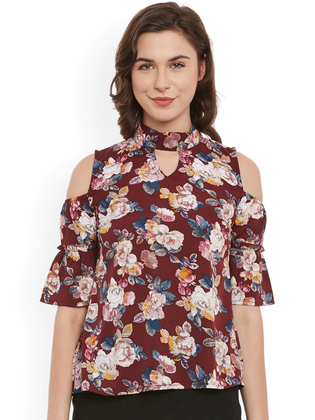 

BAESD Floral Printed Keyhole Neck Cold-Shoulder Regular Top, Maroon