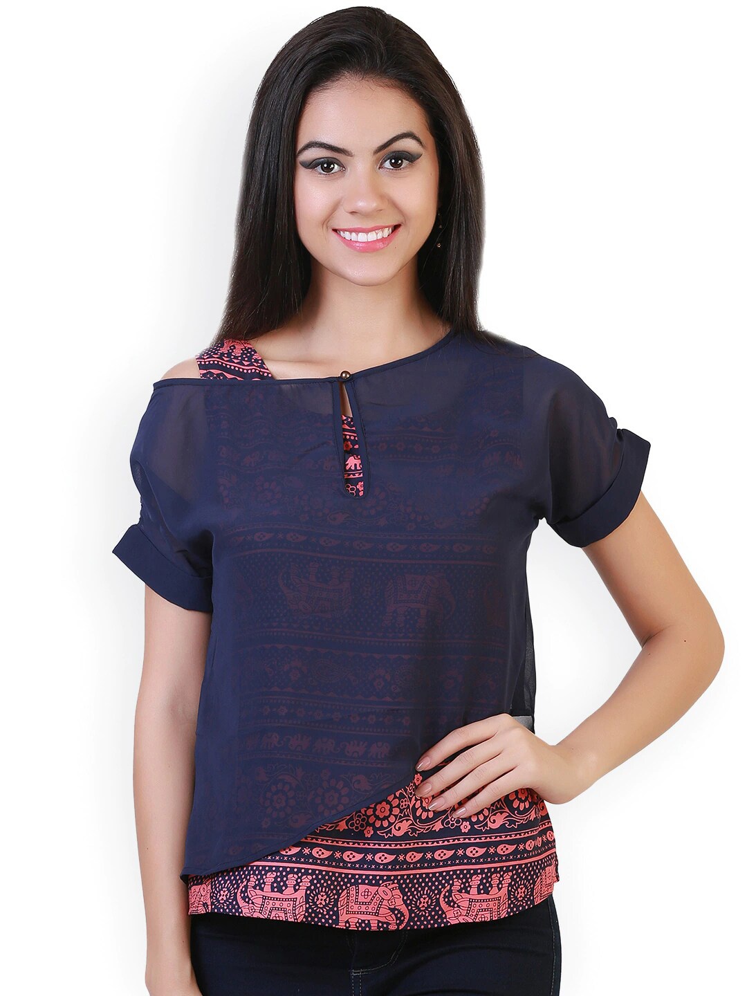 

BAESD Ethnic Motifs Printed Keyhole Neck Cap Sleeve Regular Top, Navy blue