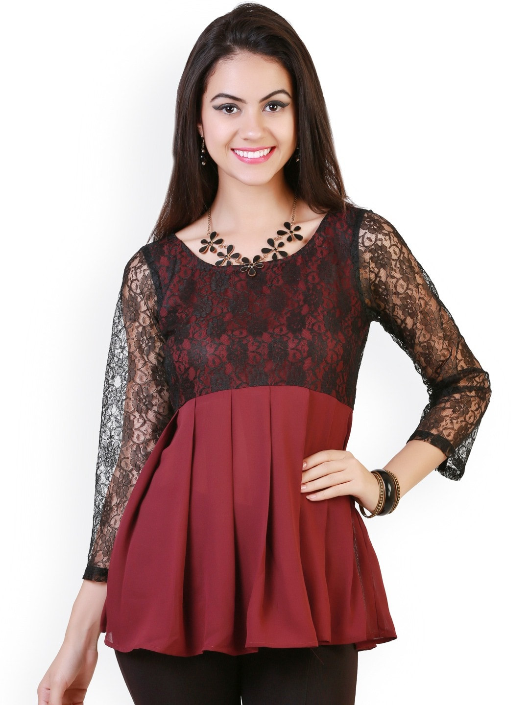 

BAESD Self Design Round Neck Pleated Regular Top, Black