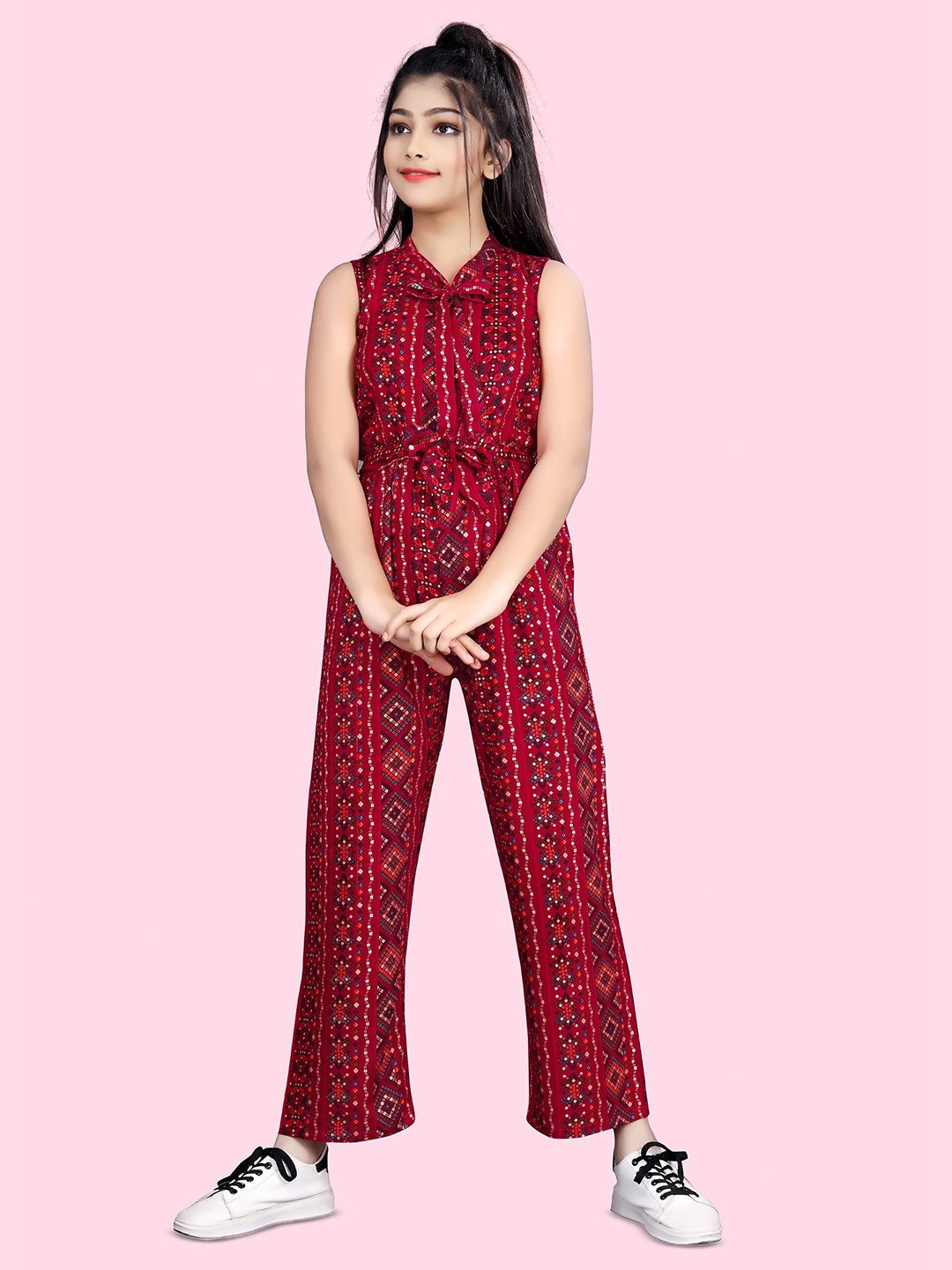 

BAESD Girls Ethnic Motif Printed Tie- Up Neck Waist Tie-Ups Basic Jumpsuit, Red