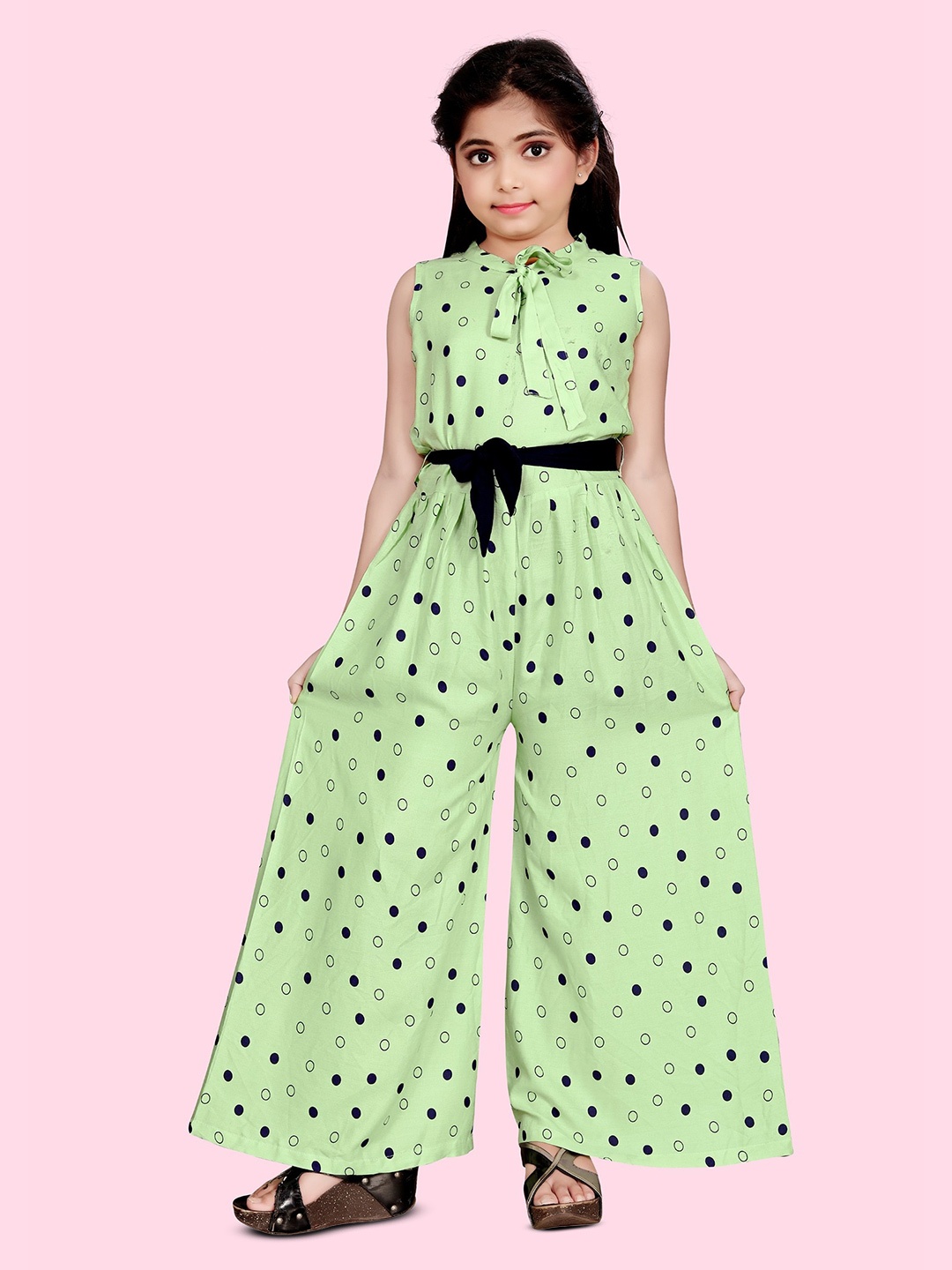 

BAESD Girls Polka Dot Printed Tie- Up Neck Waist Tie-Ups Basic Jumpsuit, Green