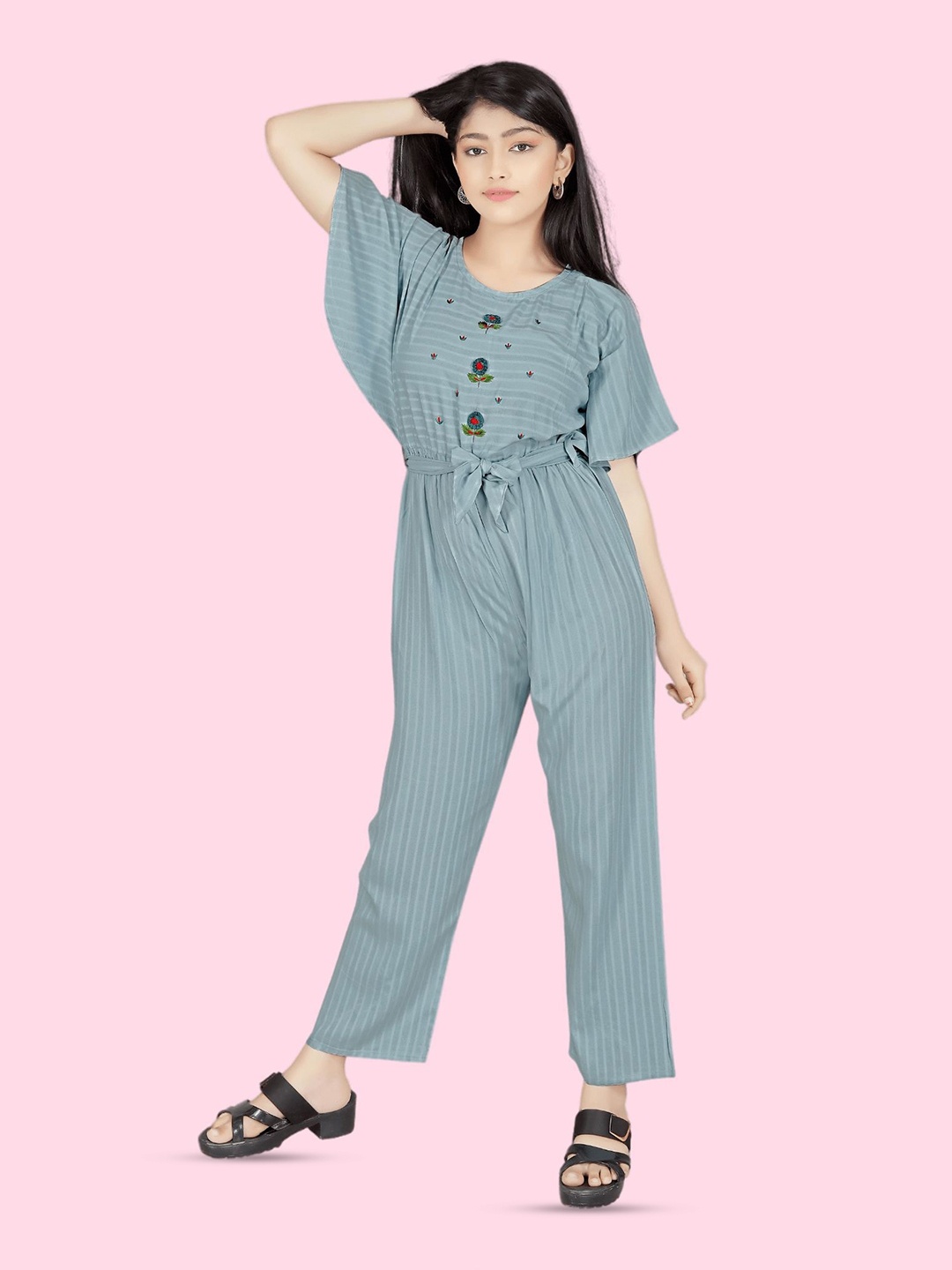 

BAESD Girls Printed Embroidered Detailed Basic Jumpsuit, Blue