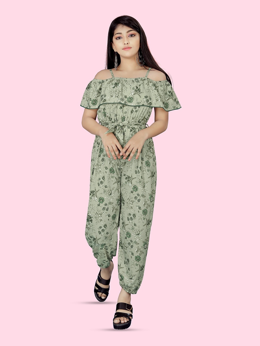 

BAESD Girls Floral Printed Shoulder Straps Basic Jumpsuit, Green