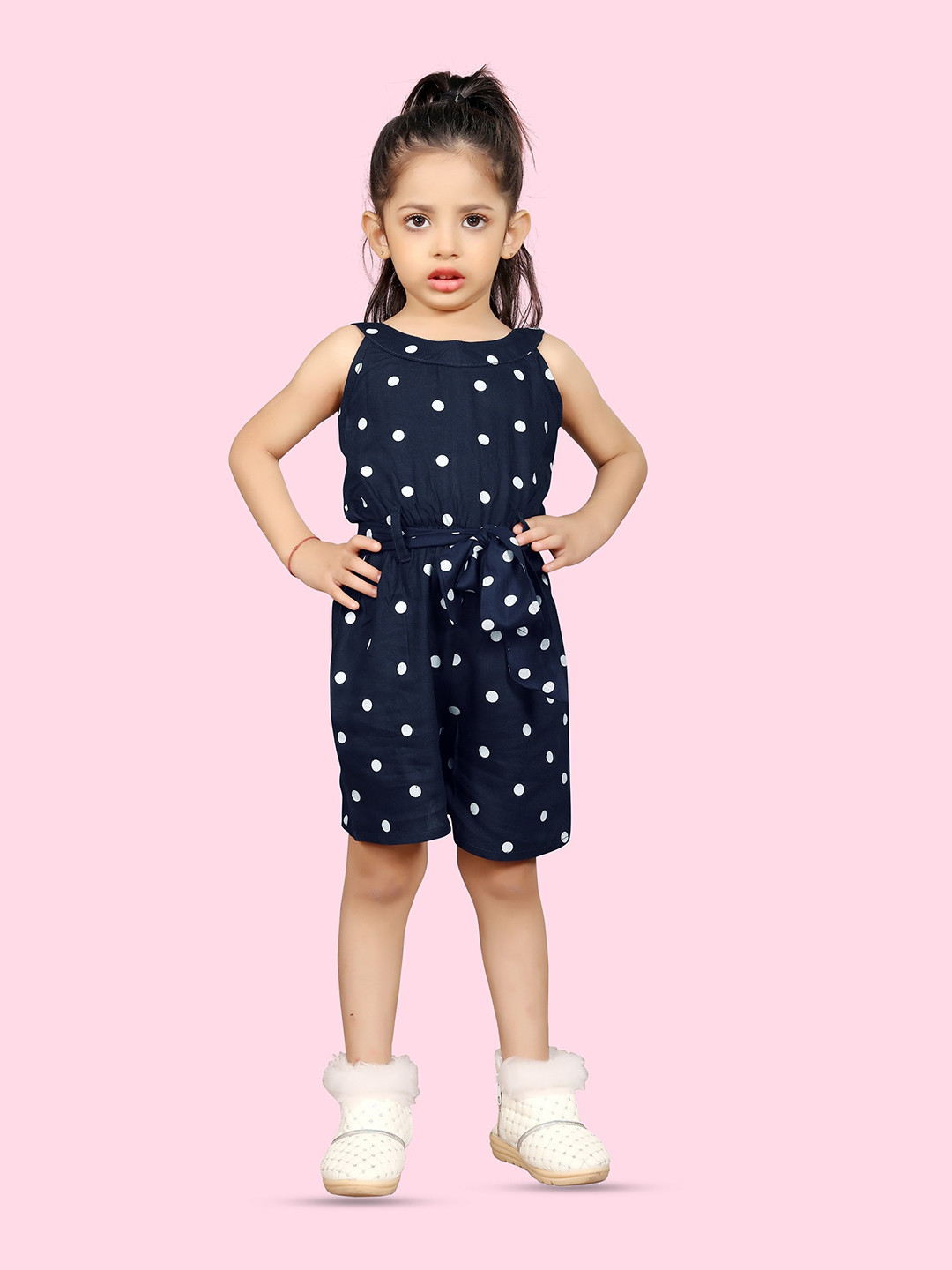 

BAESD Girls Polka Dot Printed Round Neck Waist Tie-Ups Basic Jumpsuit, Navy blue
