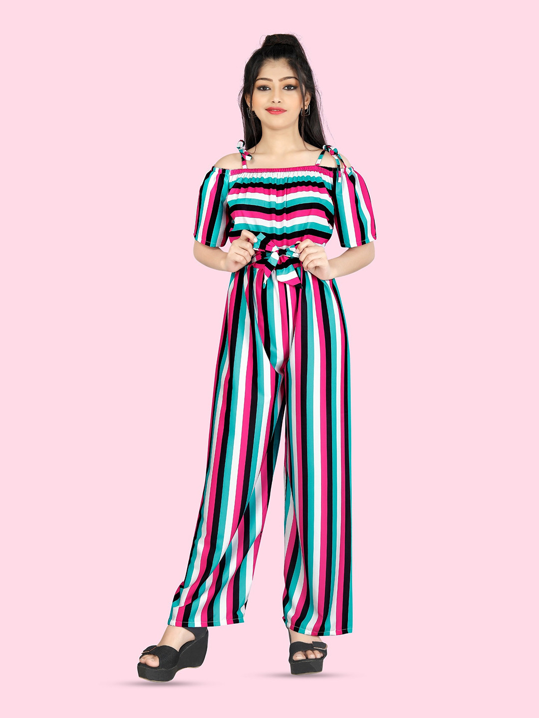 

BAESD Girls Striped Shoulder Straps Waist Tie-Ups Basic Jumpsuit, Pink