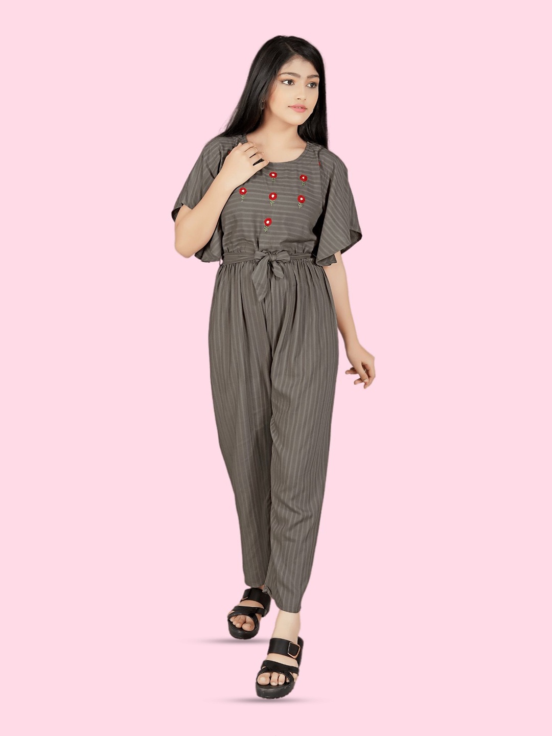 

BAESD Girls Striped Embroidered Basic Jumpsuit, Black