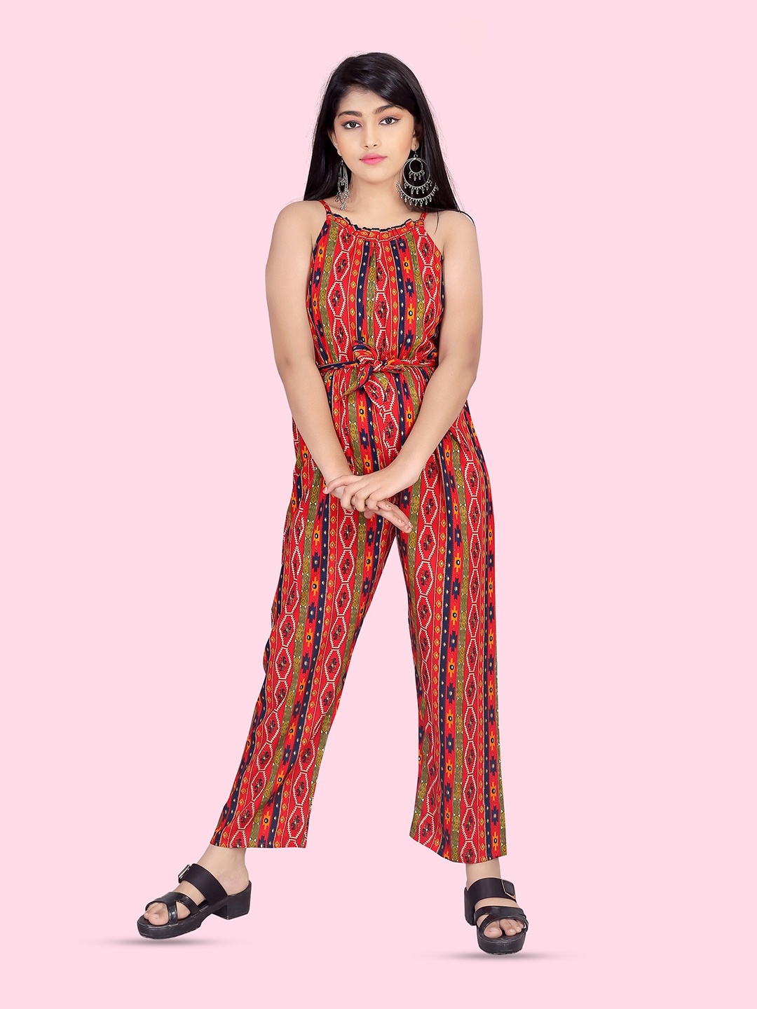 

BAESD Girls Ethnic Motif Printed Shoulder Strap Neck Waist Tie-Ups Basic Jumpsuit, Red