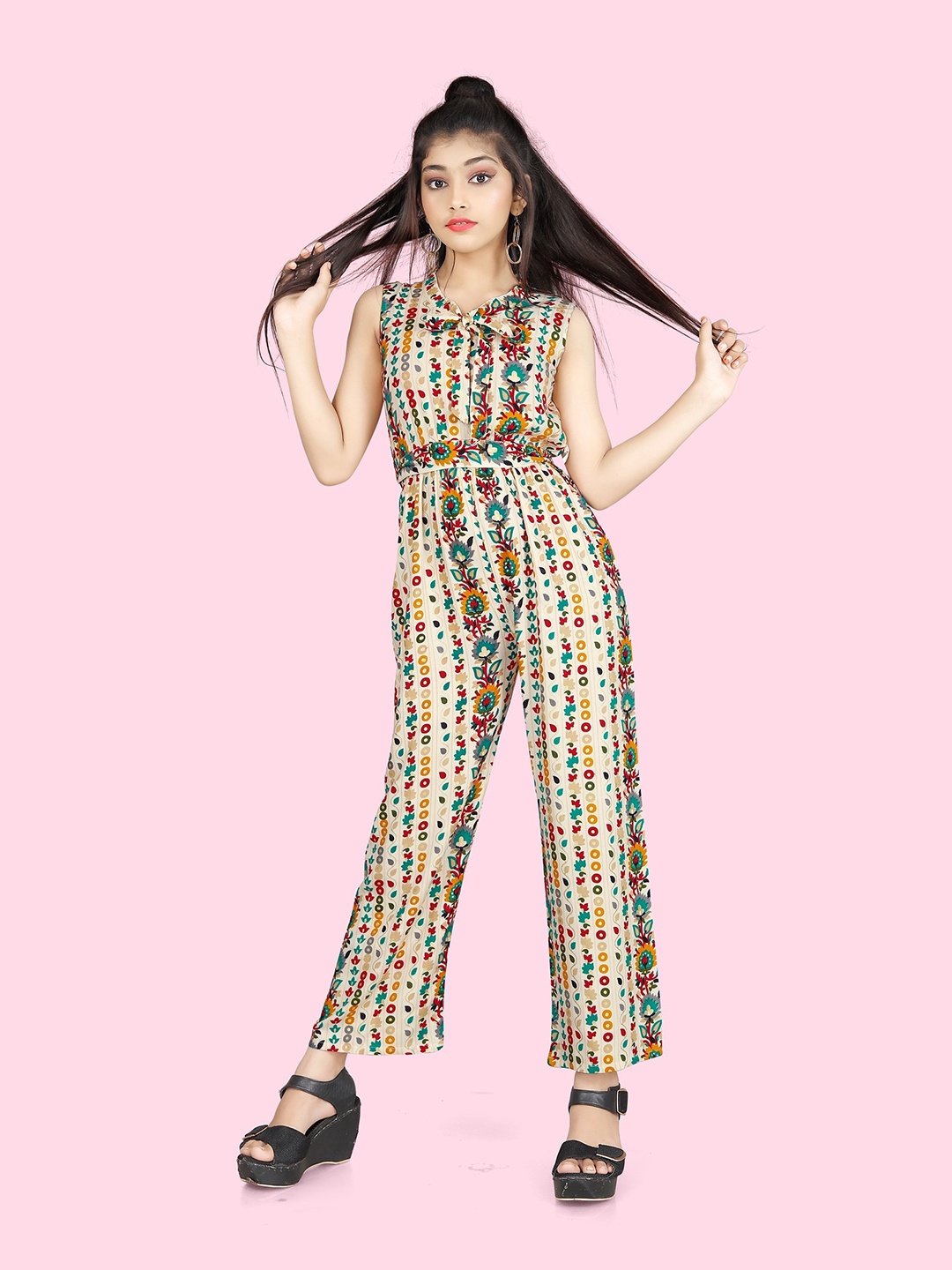 

BAESD Girls Floral Printed Basic Jumpsuit, Cream