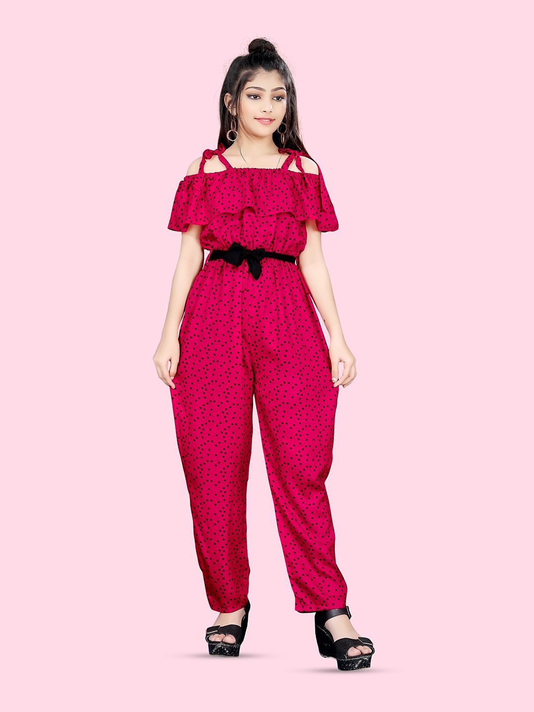 

BAESD Girls Polka Dots Printed Shoulder Straps Basic Jumpsuit, Pink