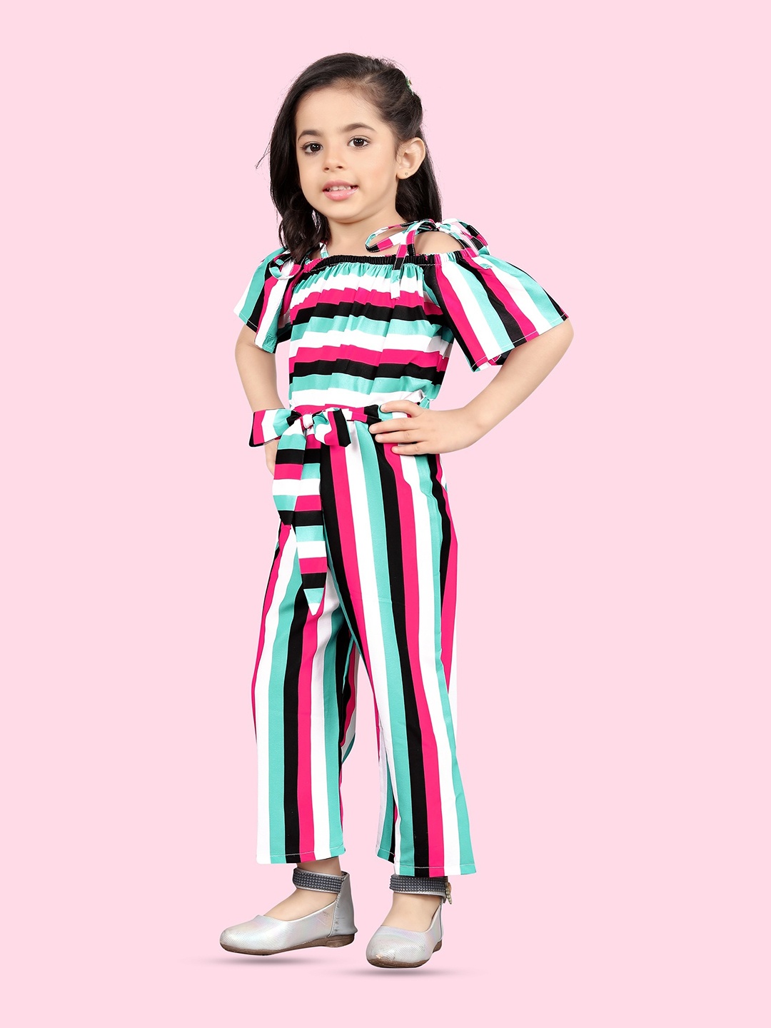 

BAESD Girls Stripes Shoulder strap Neck Waist Tie-Ups Basic Jumpsuit, Pink
