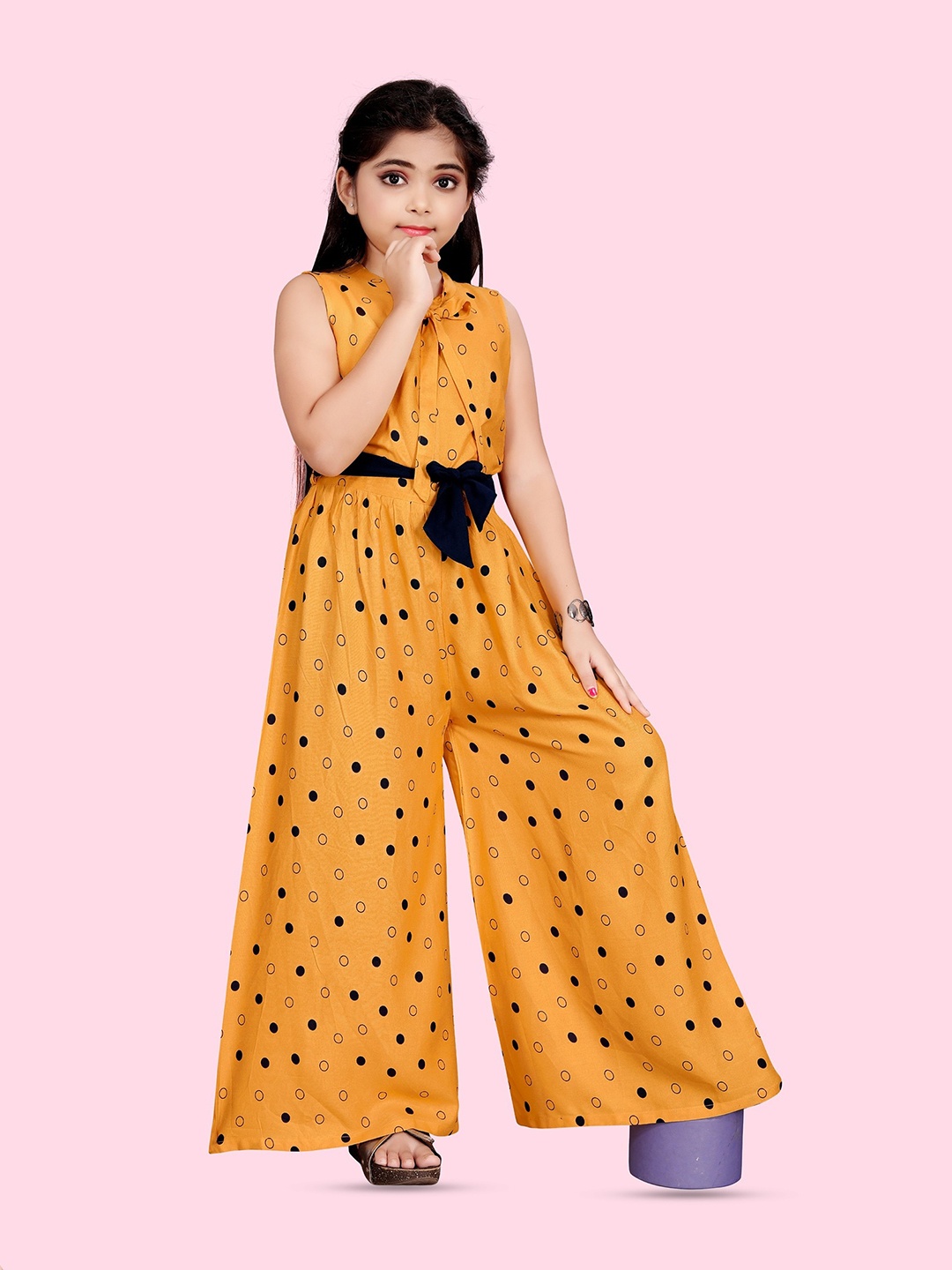 

BAESD Girls Printed Tie-Up Neck Waist Tie-Ups Basic Jumpsuit, Yellow