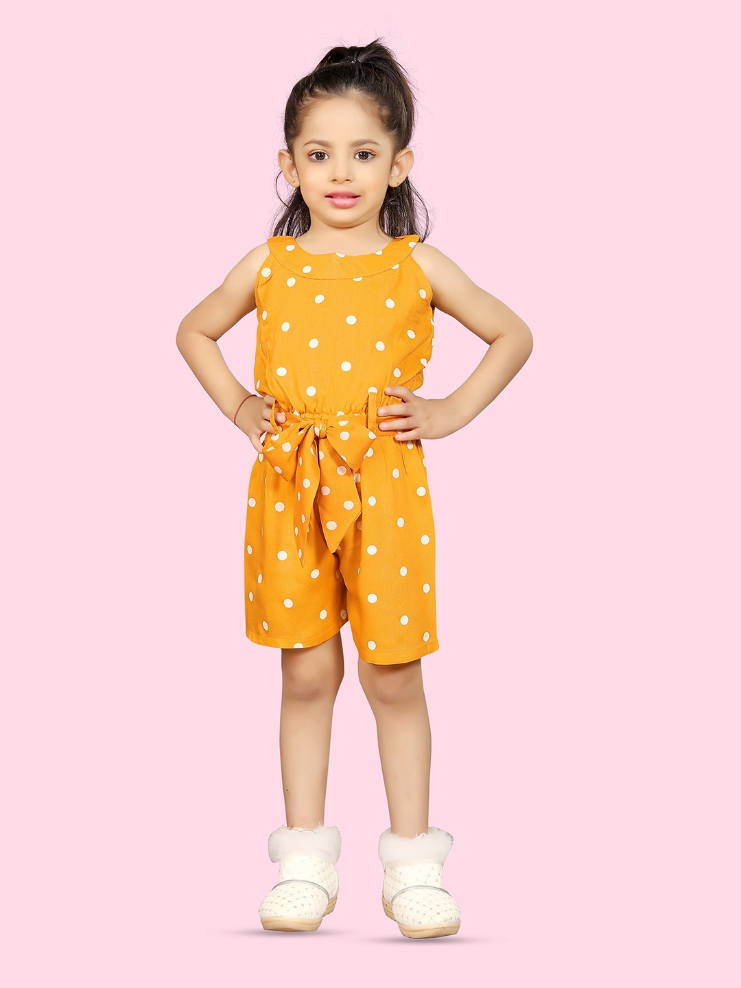 

BAESD Girls Polka Dot Printed Round Neck Waist Tie-Ups Basic Jumpsuit, Yellow