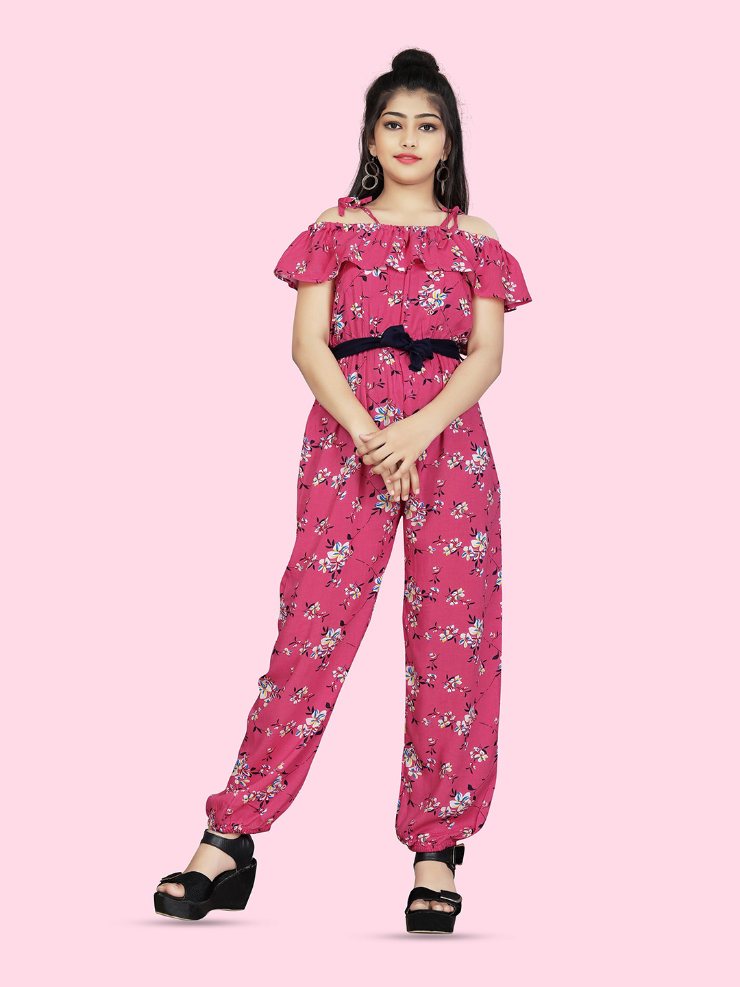 

BAESD Girls Printed Shoulder Straps Waist Tie-Ups Basic Jumpsuit, Pink