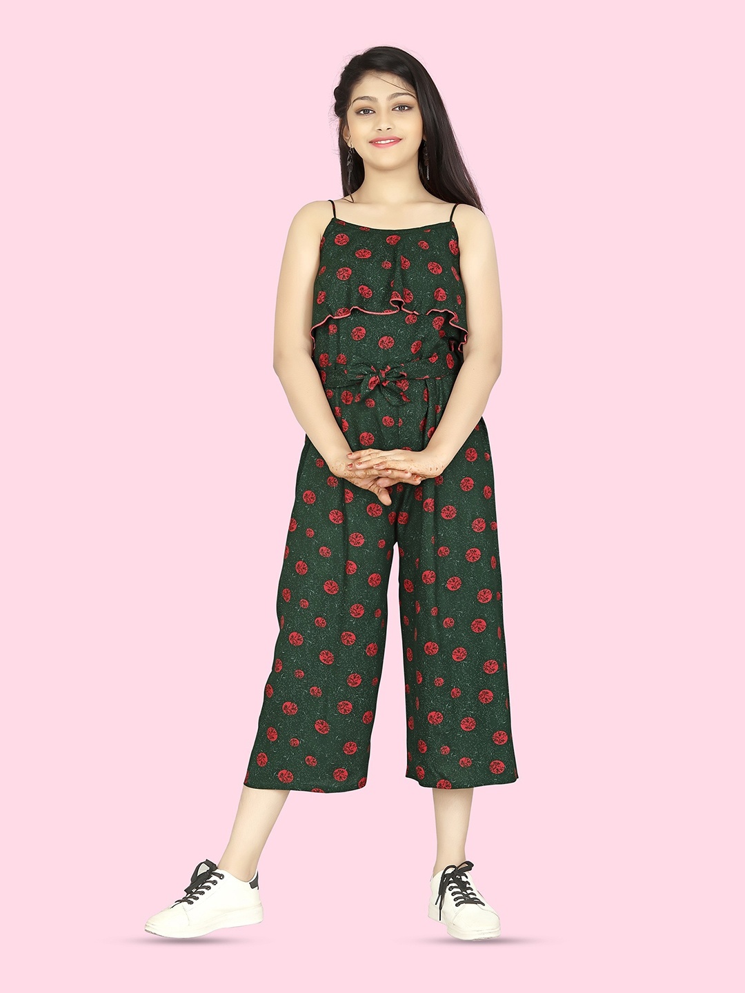 

BAESD Girls Geometric Printed Shoulder Strap Neck Waist Tie-Ups Culotte Jumpsuit, Green